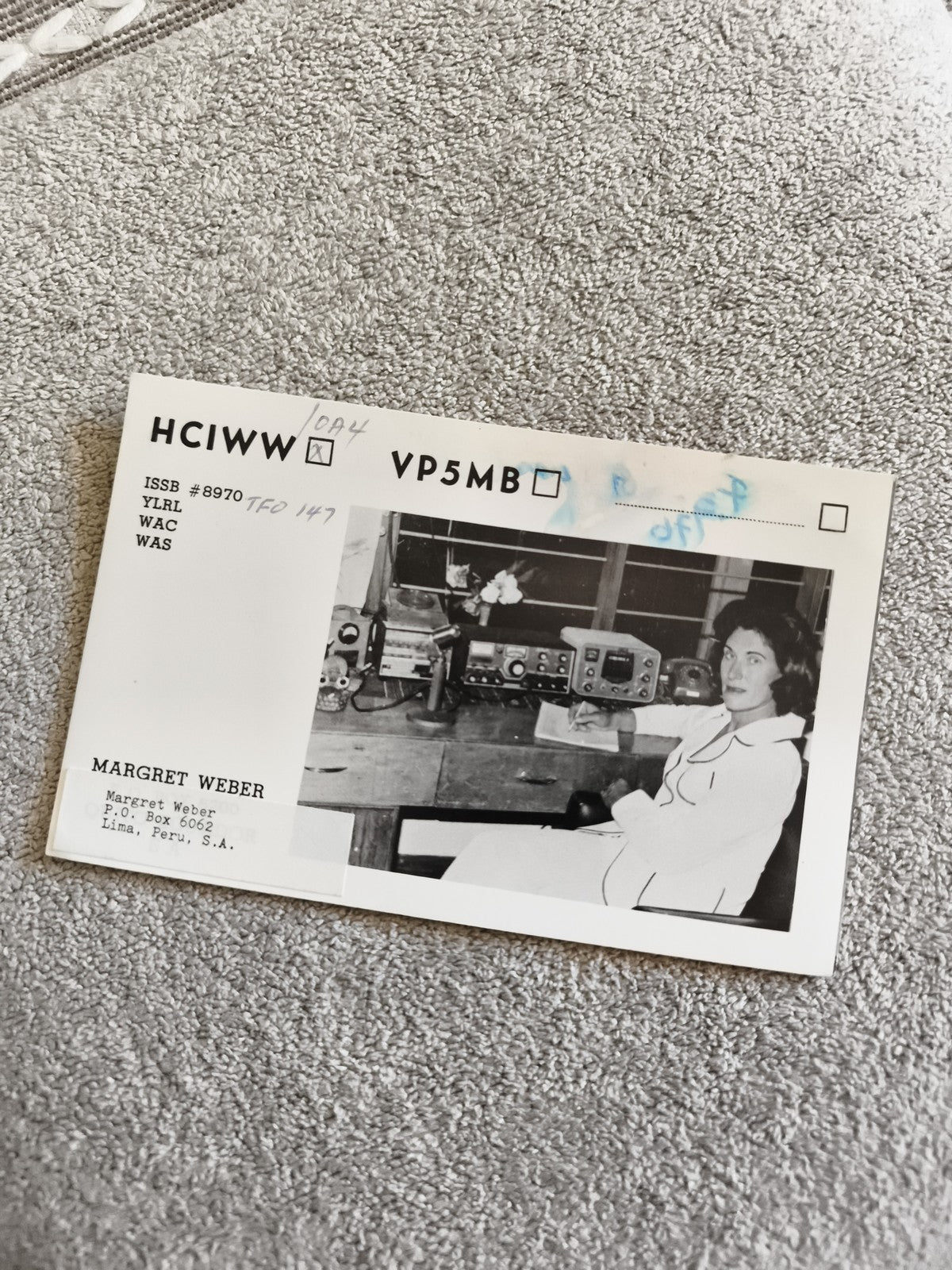 Carte QSL ancienne radioamateur Margret Weber Lima Pérou photo station vintage