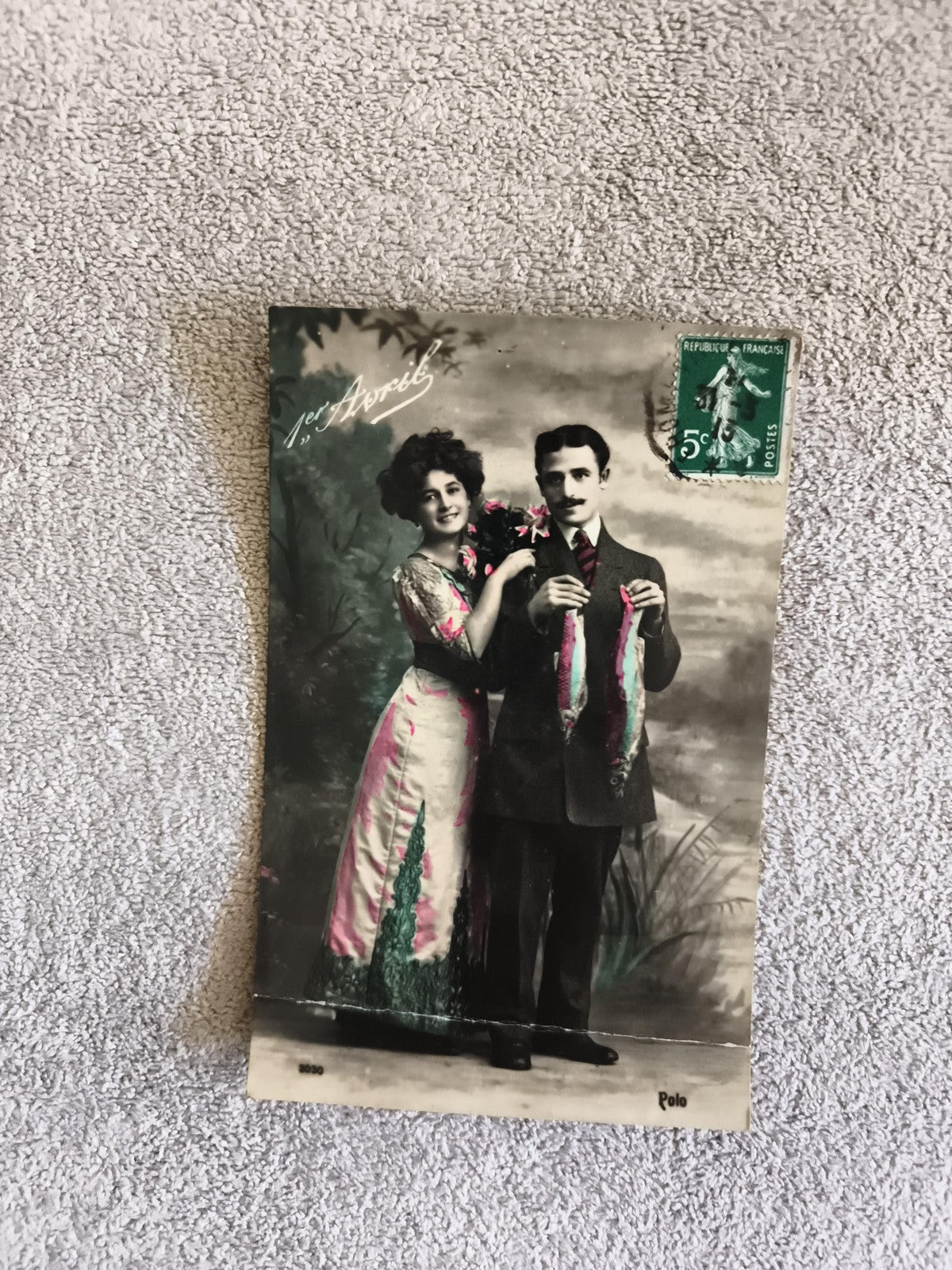 Carte postale 1er Avril CPA illustrée couple humour colorisé