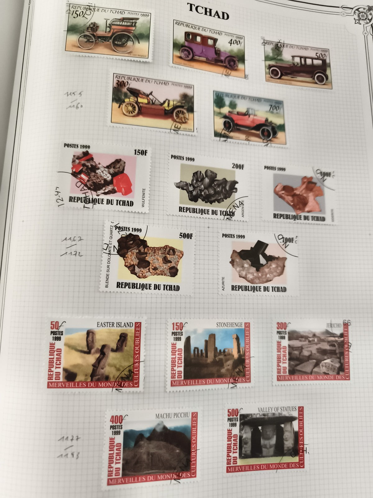 Timbres Tchad oblitérés autos anciennes minéraux sites mondiaux philatélie