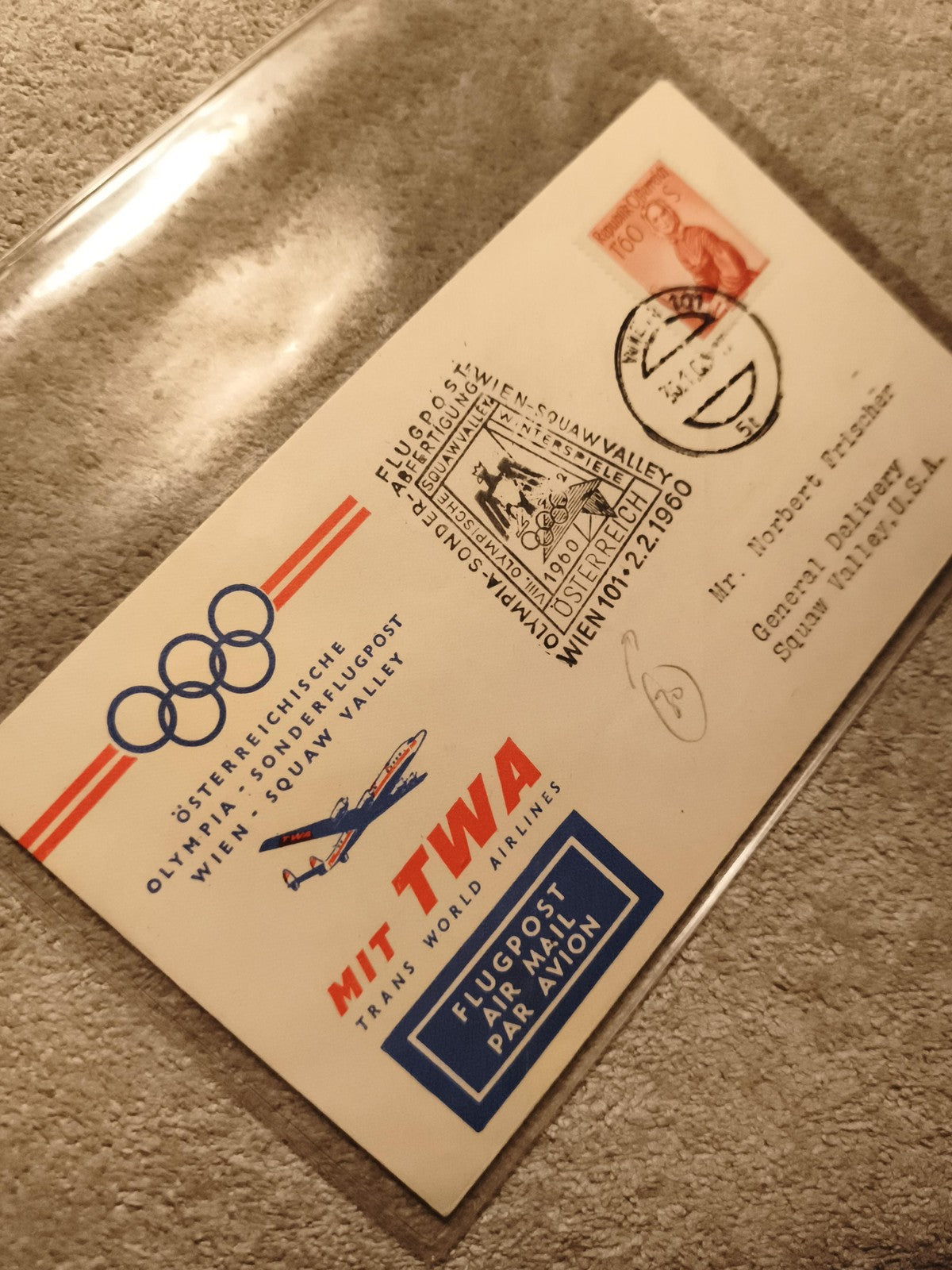 Lettre premier jour Olympiades 1960 Squaw Valley TWA Flugpost philatélie (Ref 13