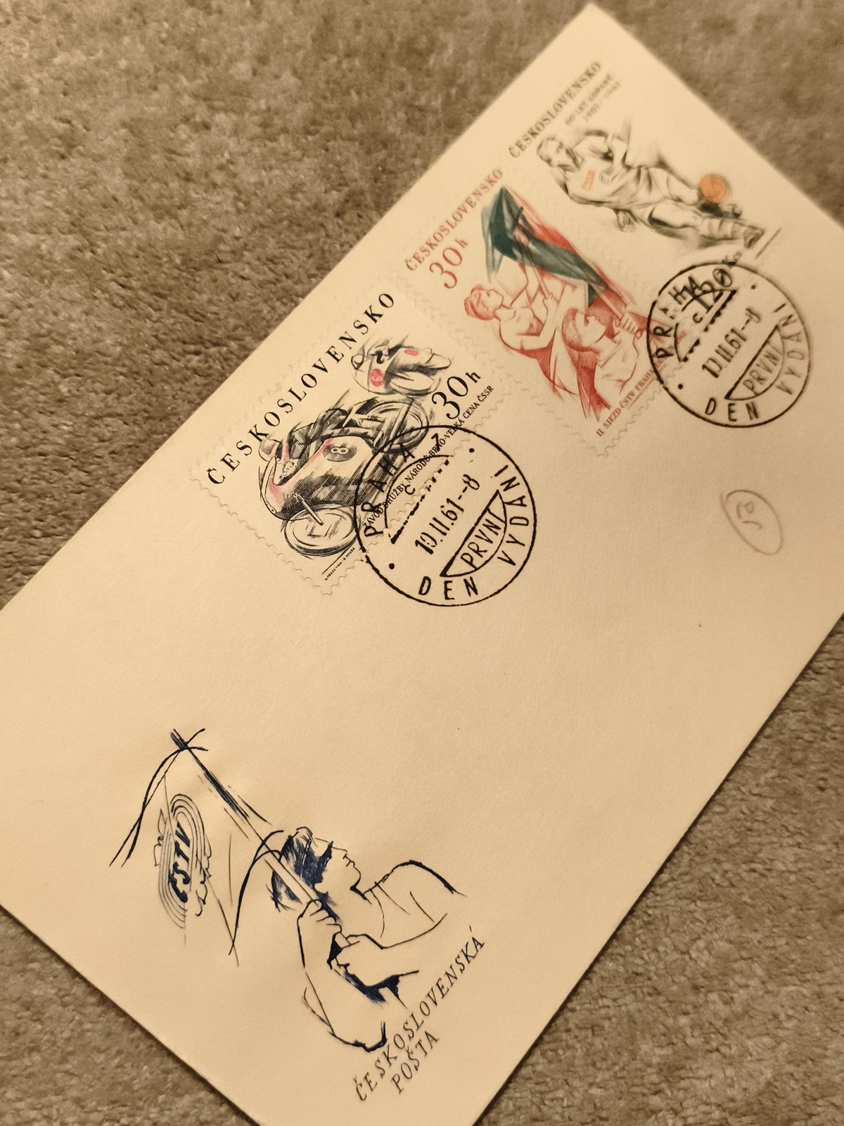 Lettre premier jour Tchécoslovaquie 1961, FDC ČSSR, sport, oblitération