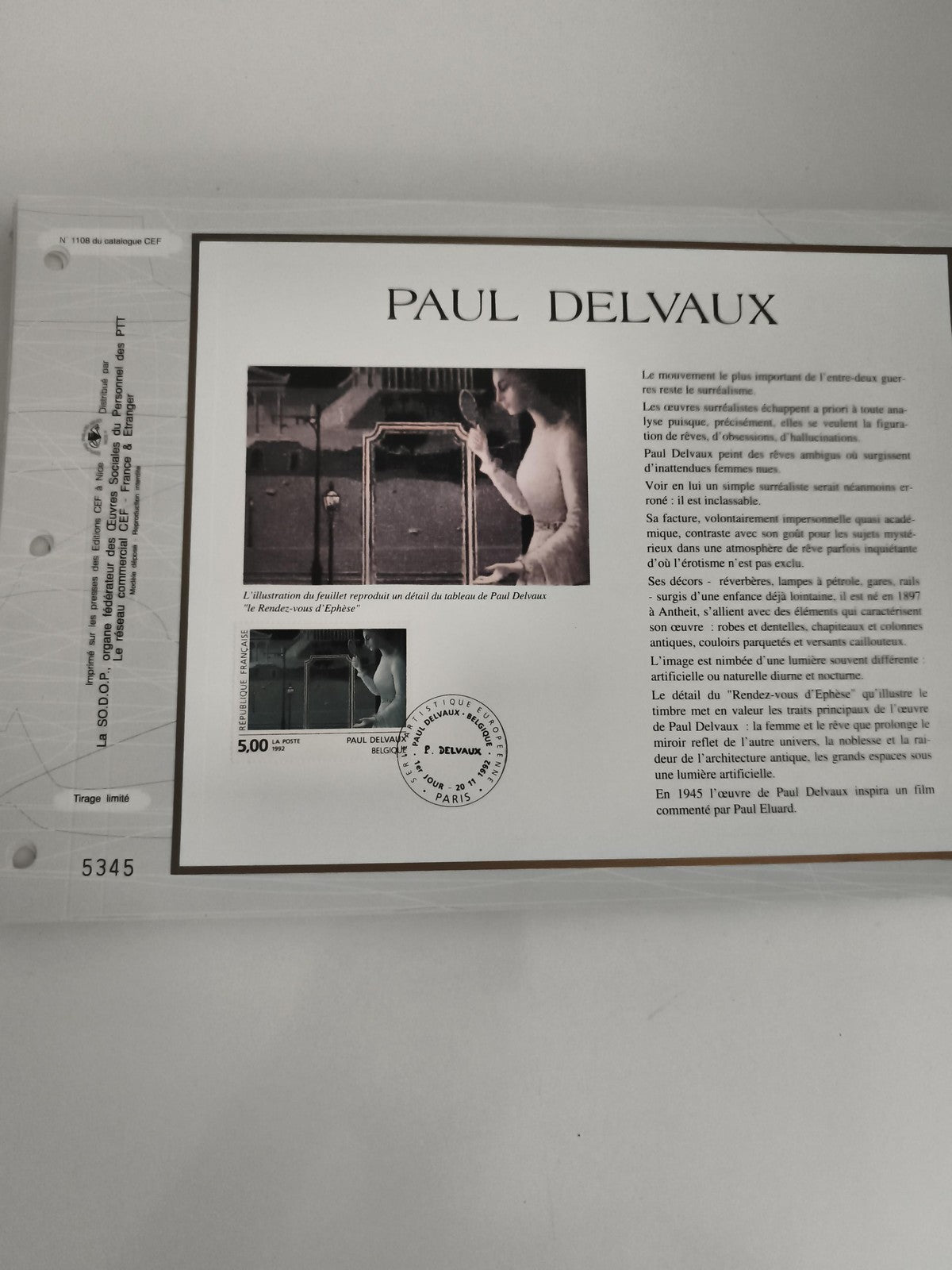 Feuillet CEF Paul Delvaux philatélie tirage limité 5345 timbre Premier Jour