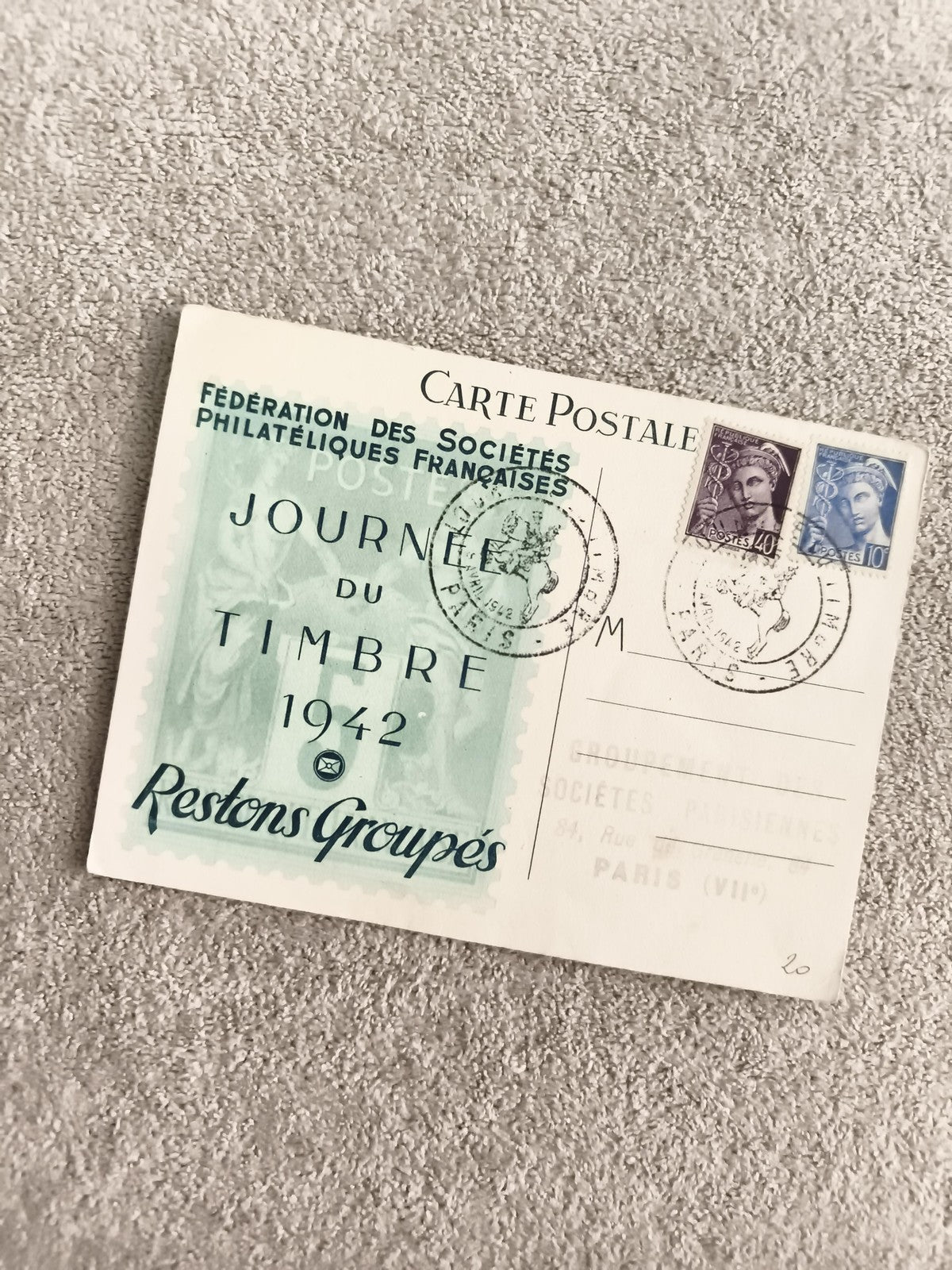 Carte postale philatélique Journée du Timbre 1942 oblitérée timbres France