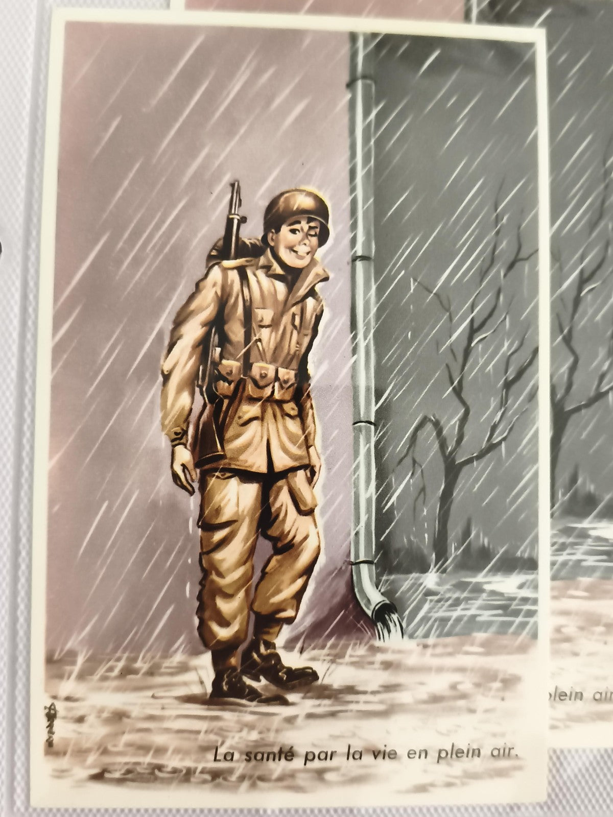 Carte postale ancienne militaire pluie illustrée – CPA armée vintage
