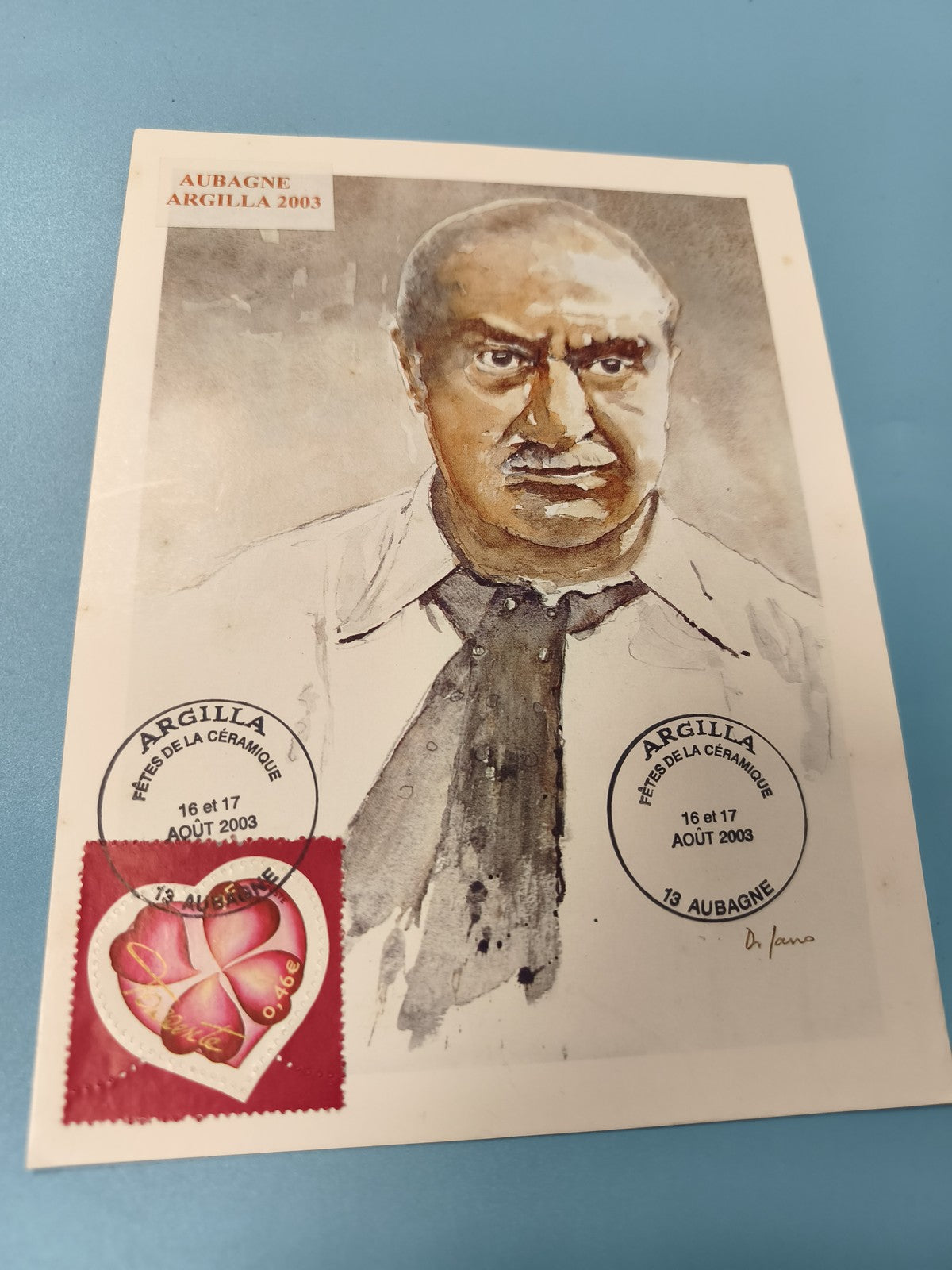 Enveloppe FDC Argilla 2003 Aubagne avec timbre c?ur et illustration portrait