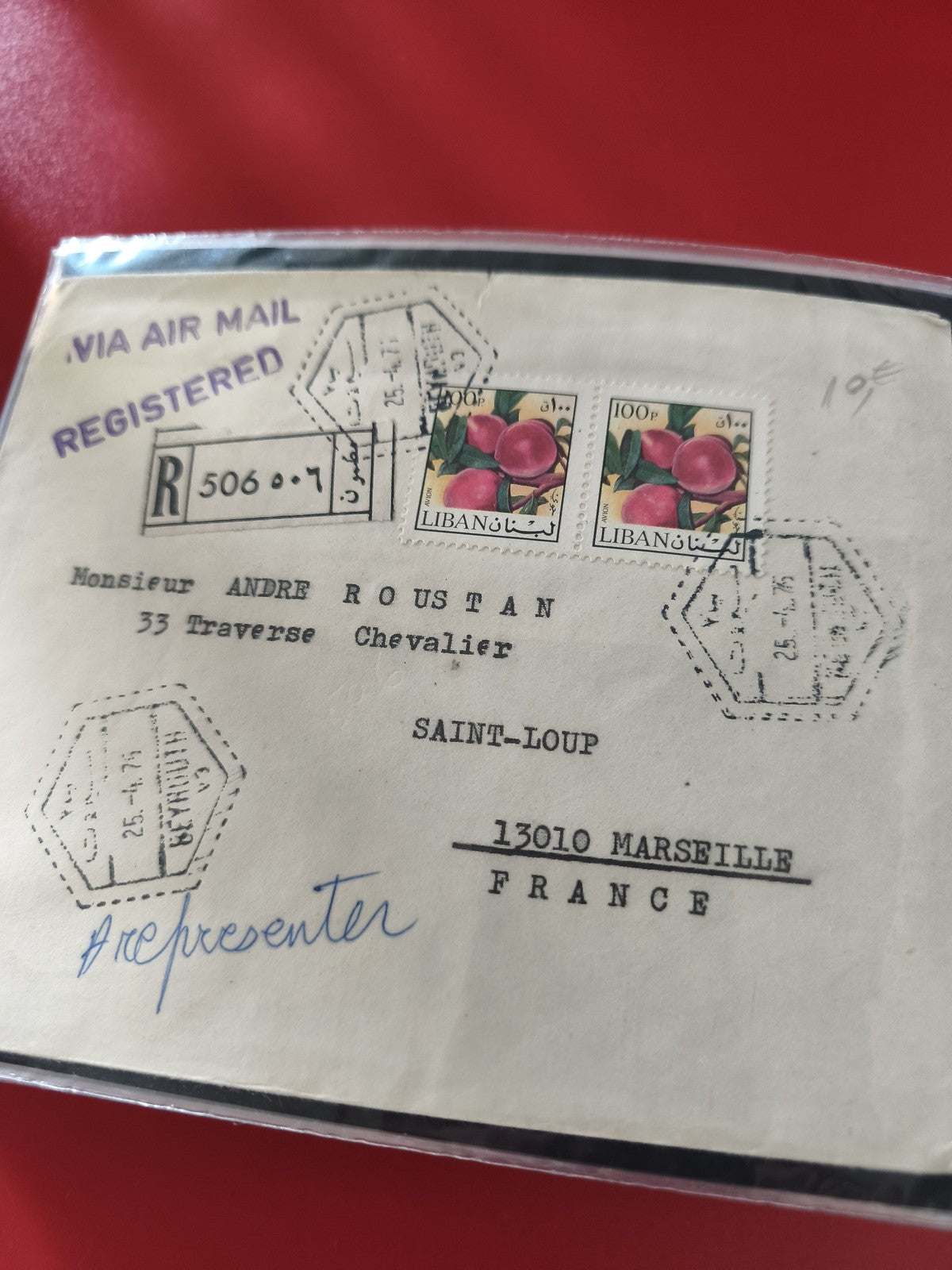 Ancienne enveloppe oblitérée Liban philatélie, timbres fruits, Marseille, Air Ma