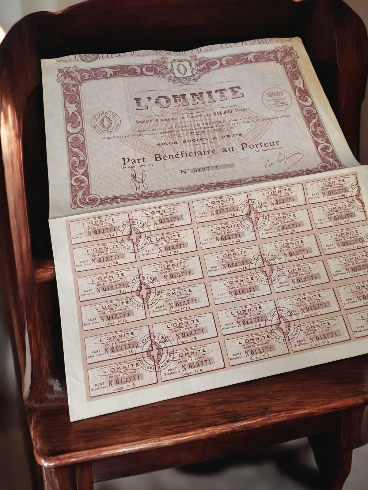 Action au porteur L'Omnite 1920s ancien titre financier vintage rétro papier