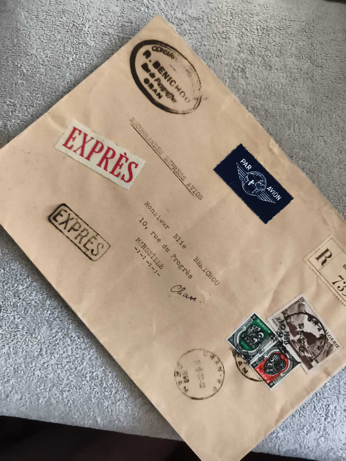 Lettre recommandée expresse Par Avion Oran Marseille timbres oblitérés philatéli