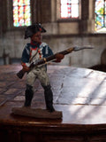 Figurine plomb soldat napoléonien vintage, uniforme bleu blanc, fusil ancien