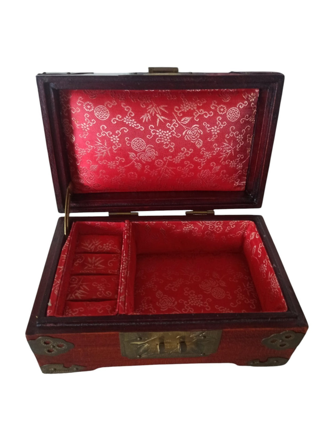 Boîte à bijoux ancienne Chine bois et jade naturel, ferrures métal, déco asiatiq