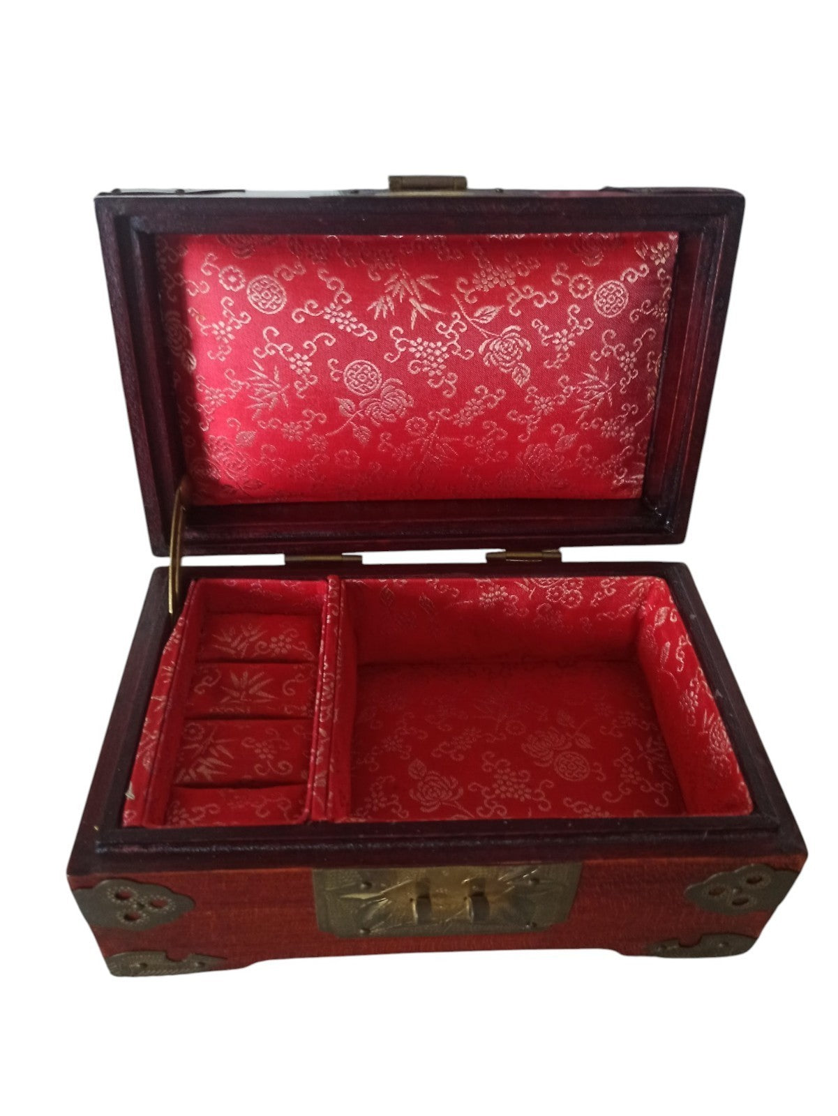 Boîte à bijoux ancienne Chine bois et jade naturel, ferrures métal, déco asiatiq