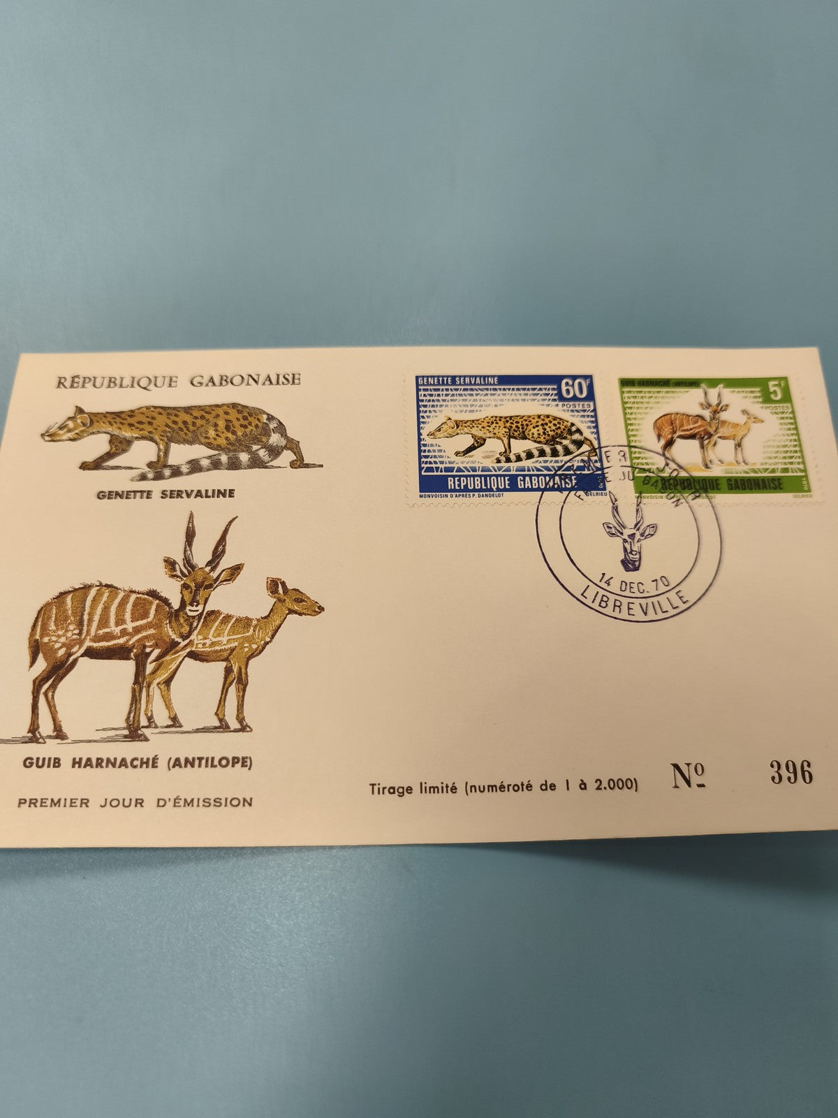 Enveloppe FDC Gabon animaux génette servaline guib harnaché timbres illustrés