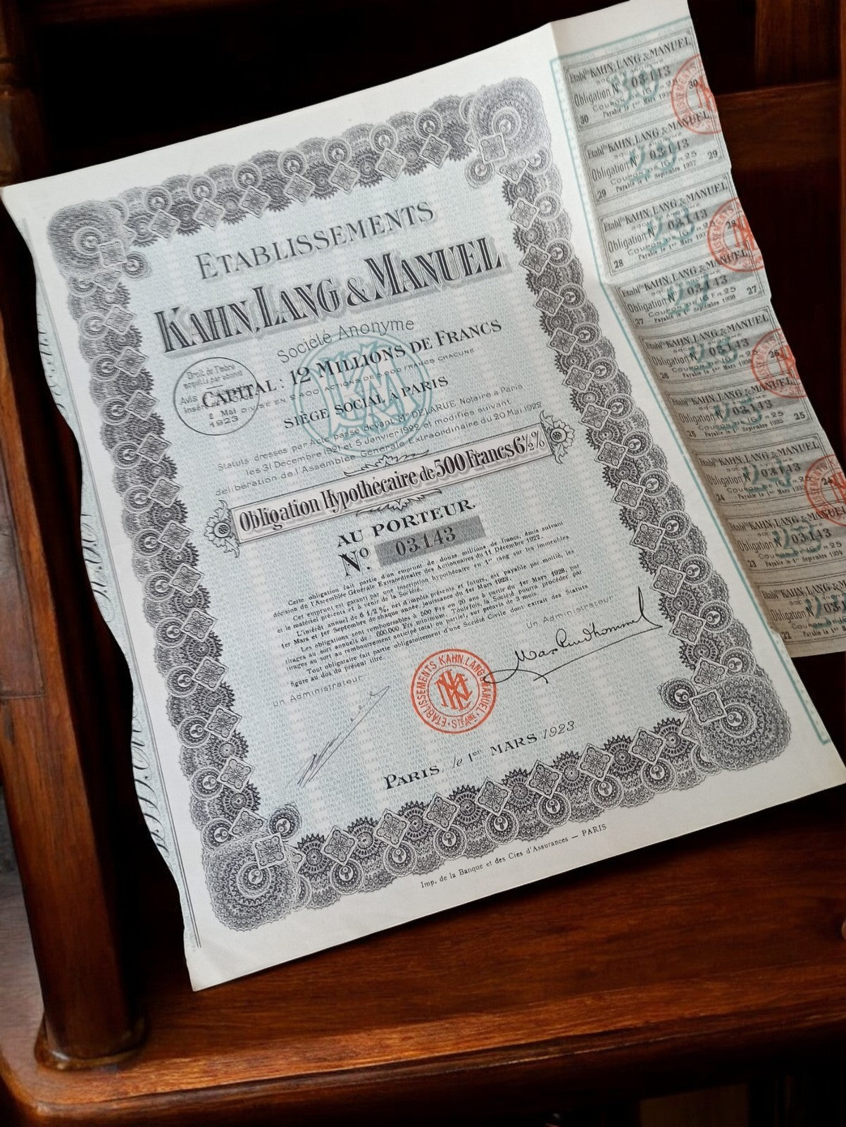 Action au porteur Kahn Lang Manuel 1923 ancien titre financier rétro