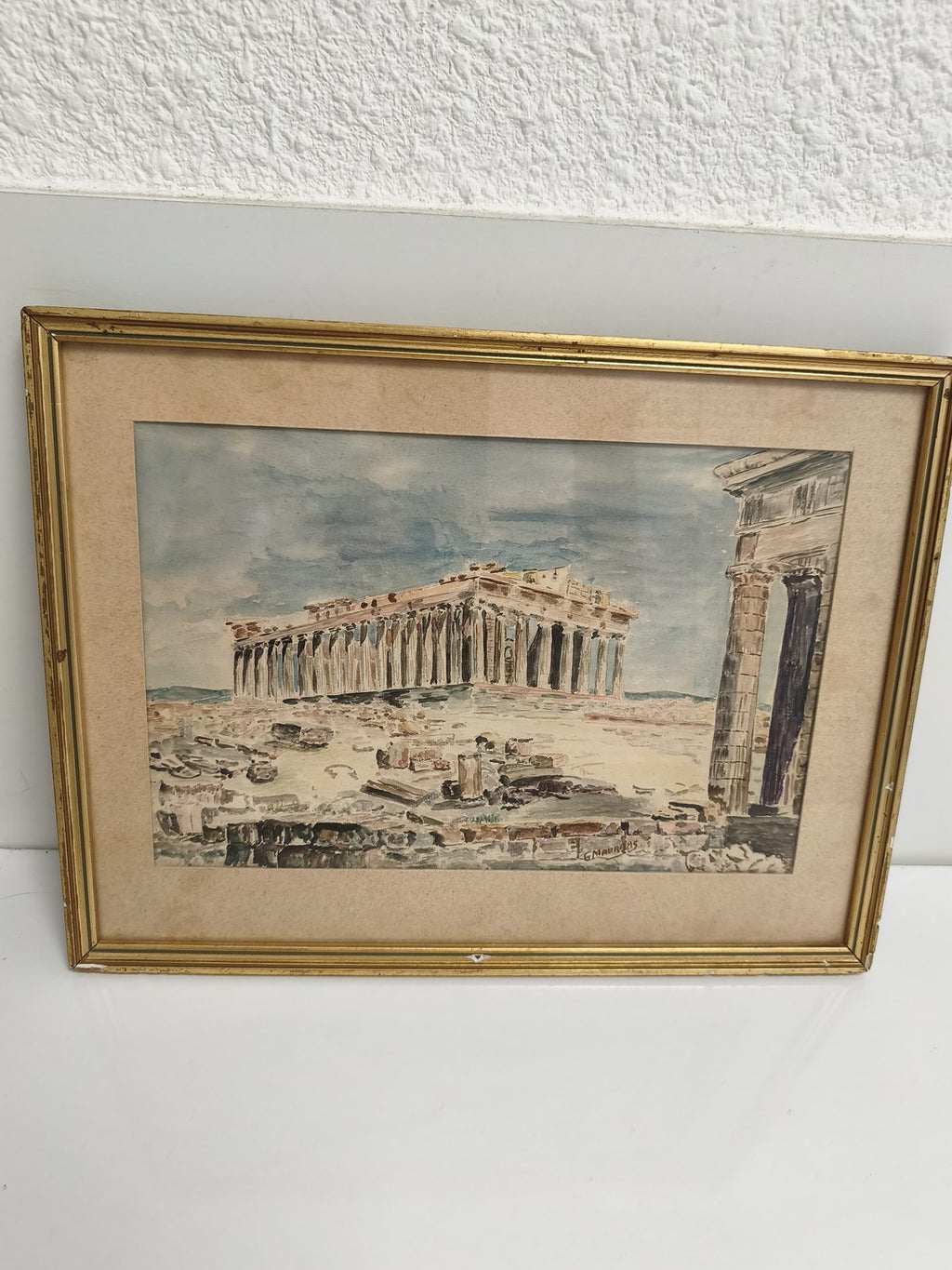 Tableau ancien aquarelle ruines grecques signé Maurras cadre doré vintage