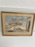 Tableau ancien aquarelle ruines grecques signé Maurras cadre doré vintage
