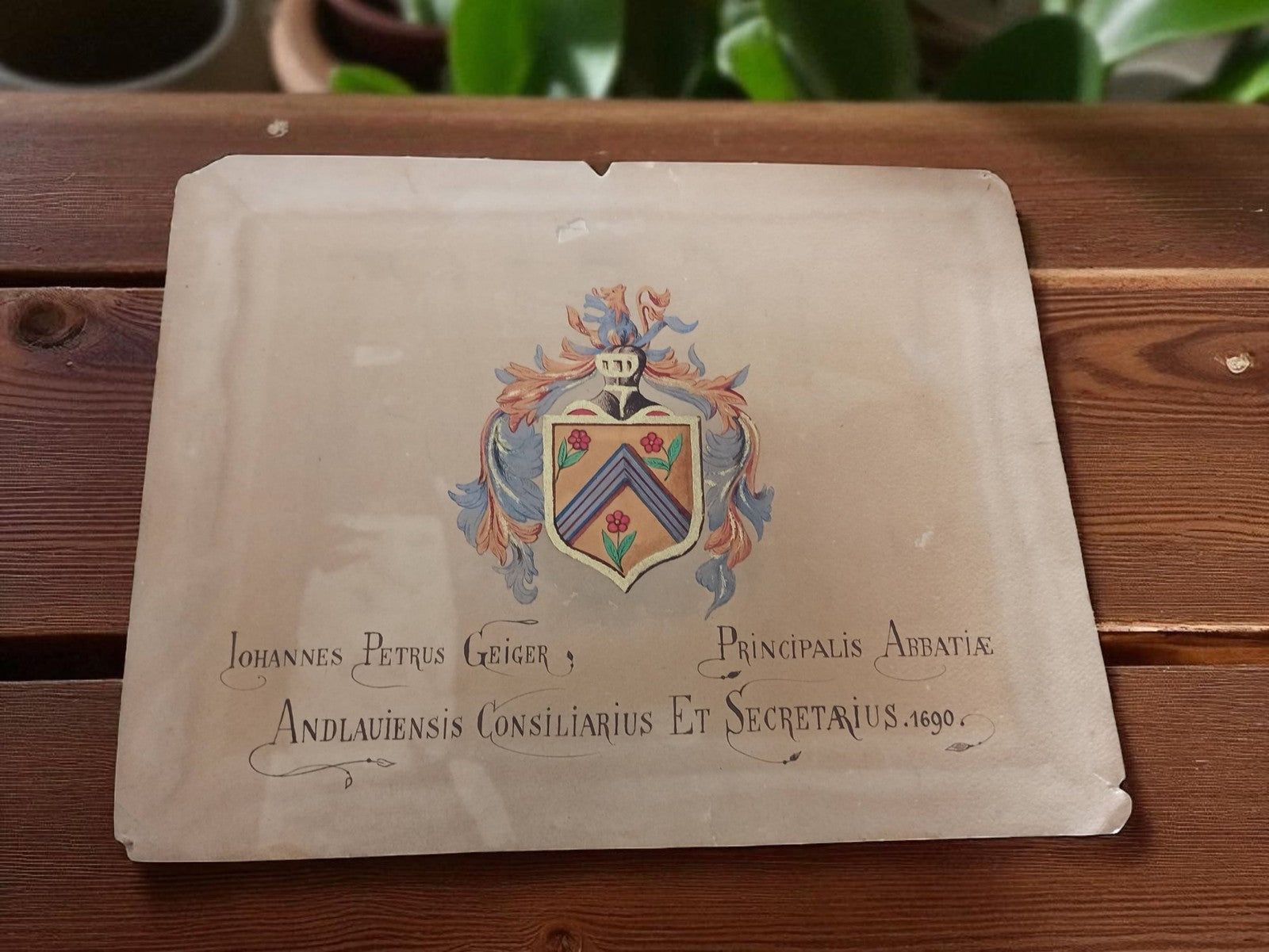 Blason ancien peint Armoiries Jean-Pierre Geiger Andlau 1690 carton héraldique