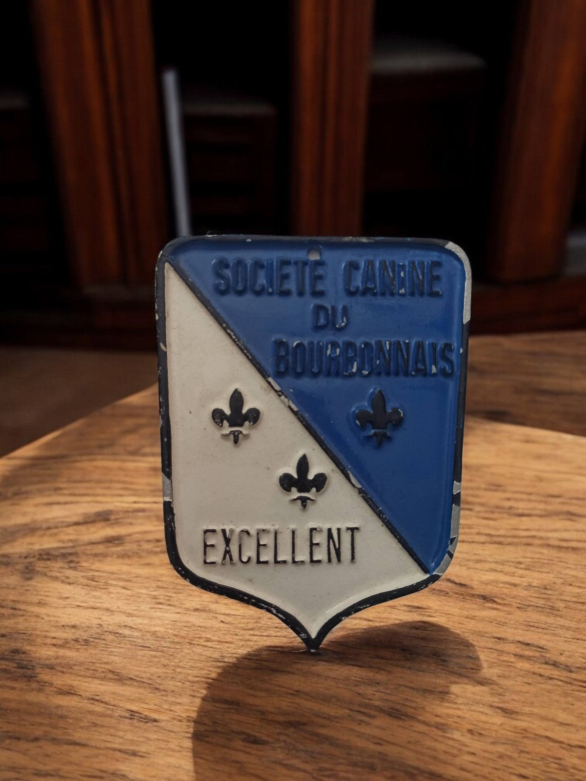Plaque émaillée ancienne Société Canine du Bourbonnais bleu blanc rétro chien