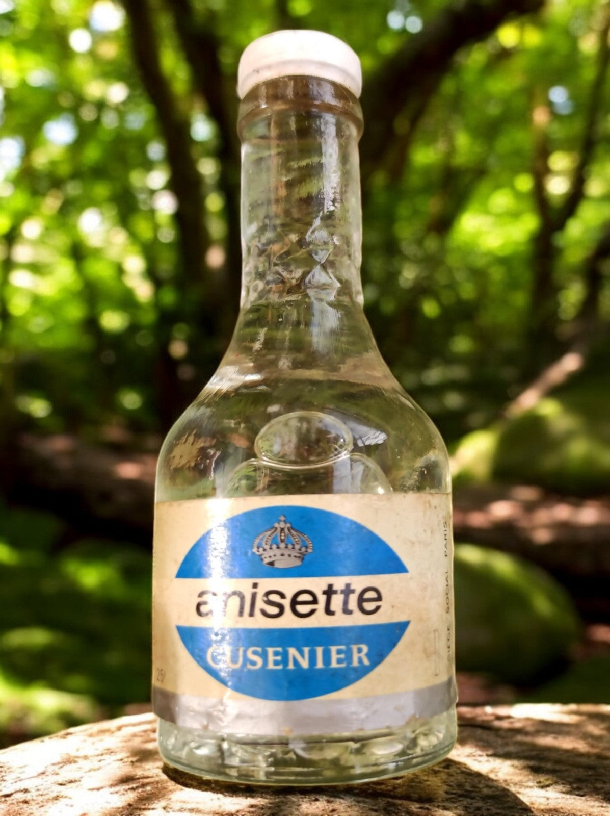 Bouteille mignonette vintage Anisette Cusenier étiquette bleue ancienne alcool