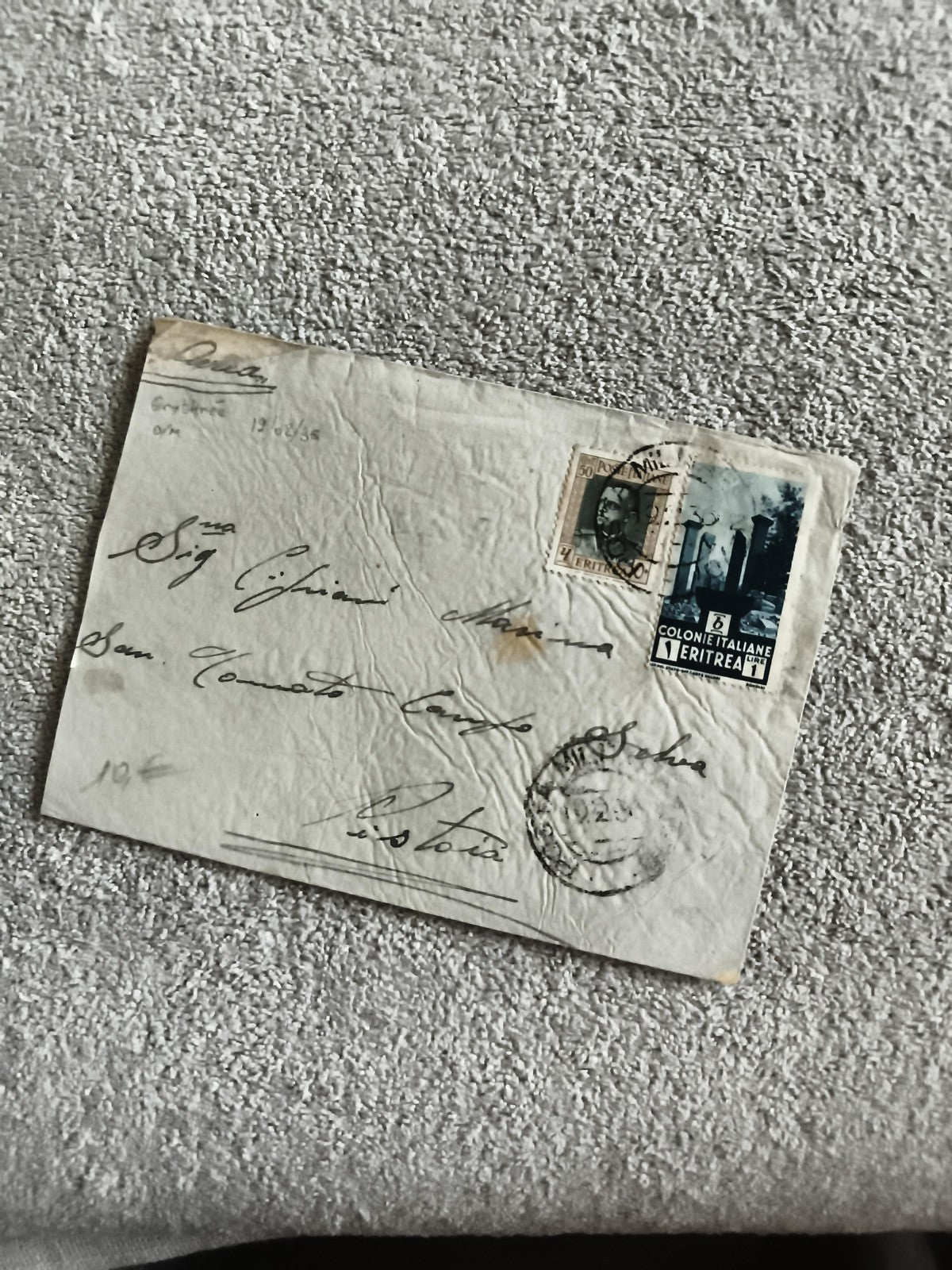 Lettre affranchie timbre Colonies Italiennes Eritrea, oblitérée, enveloppe manus