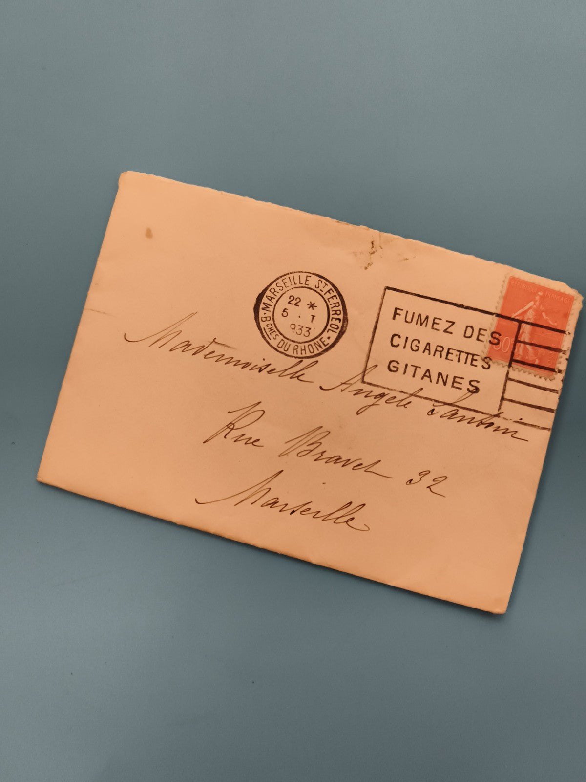 Lettre oblitérée Marseille 1933 publicité Gitanes timbre Semeuse philatélie (Ref