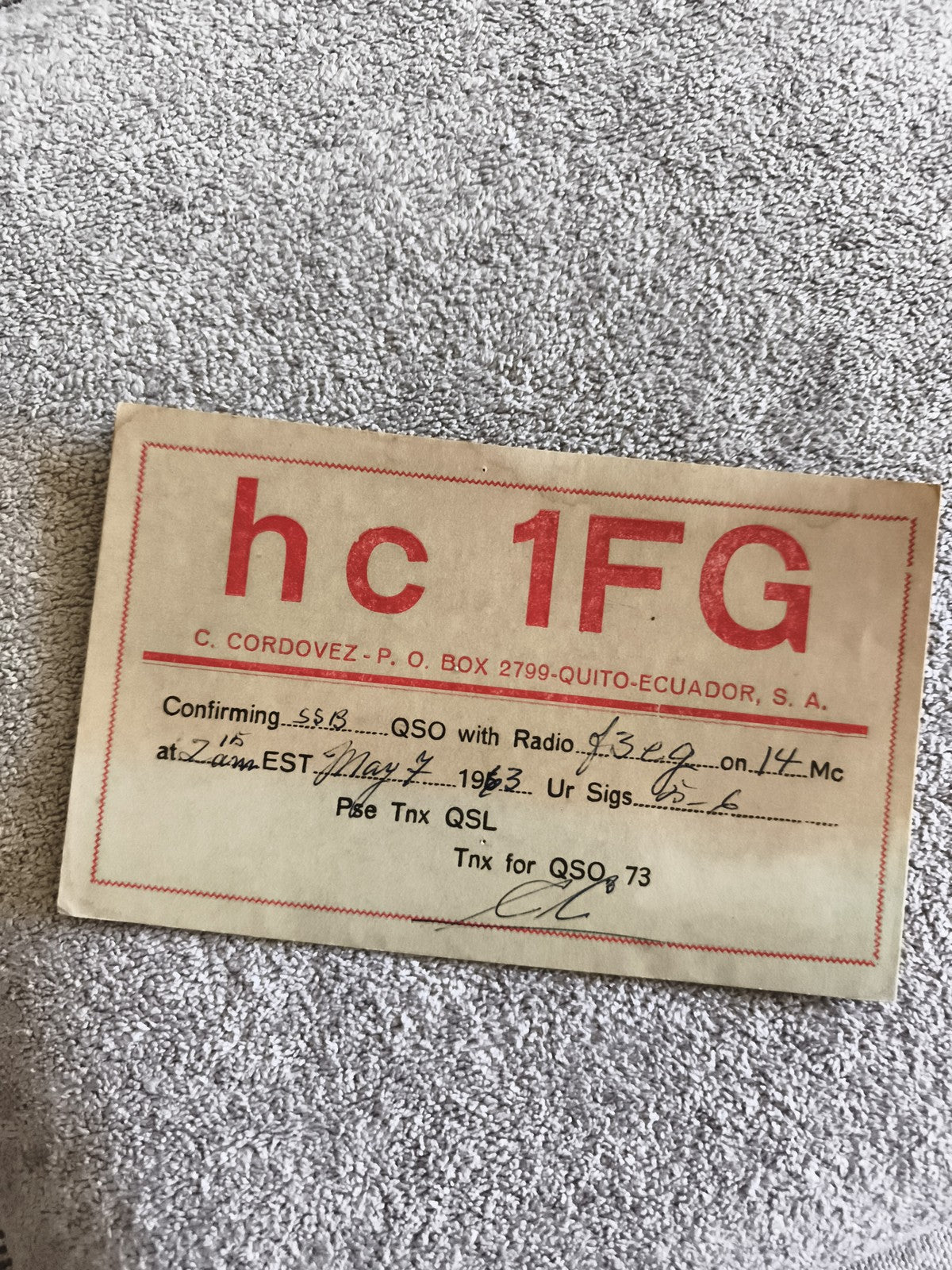 Carte QSL radio ancienne hc1FG 1963 Équateur amateur vintage QSO SSB