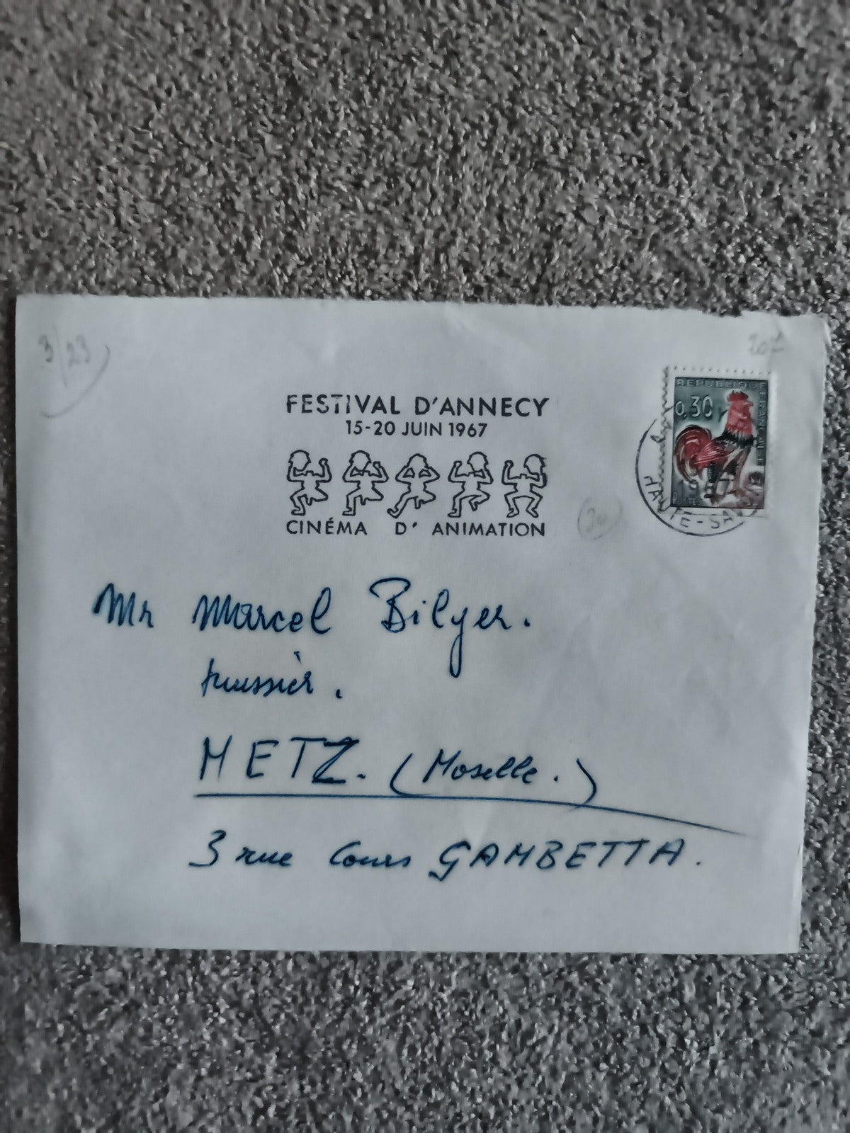 Lettre Festival Annecy 1967 timbre 0,30F coq France philatélie Metz (Ref 27)