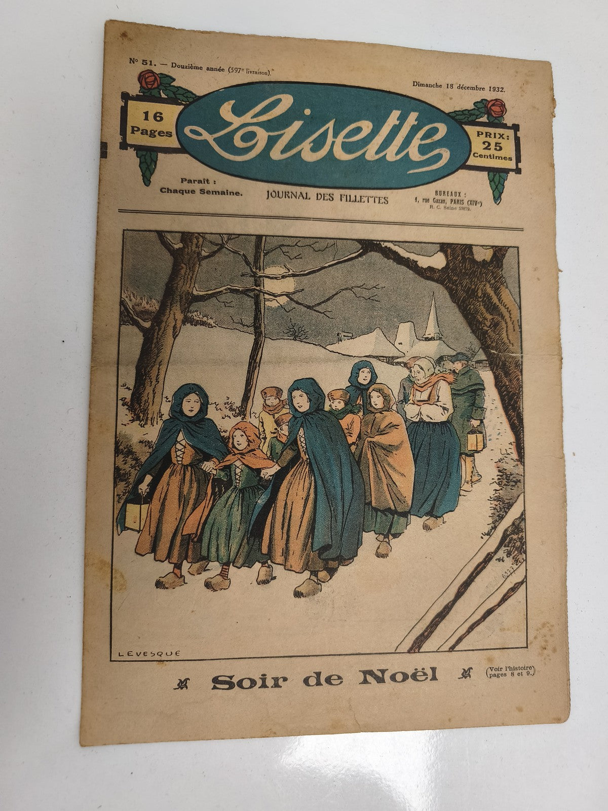 Ancien journal Lisette 1932 Soir de Noël, illustré, vintage presse fillette