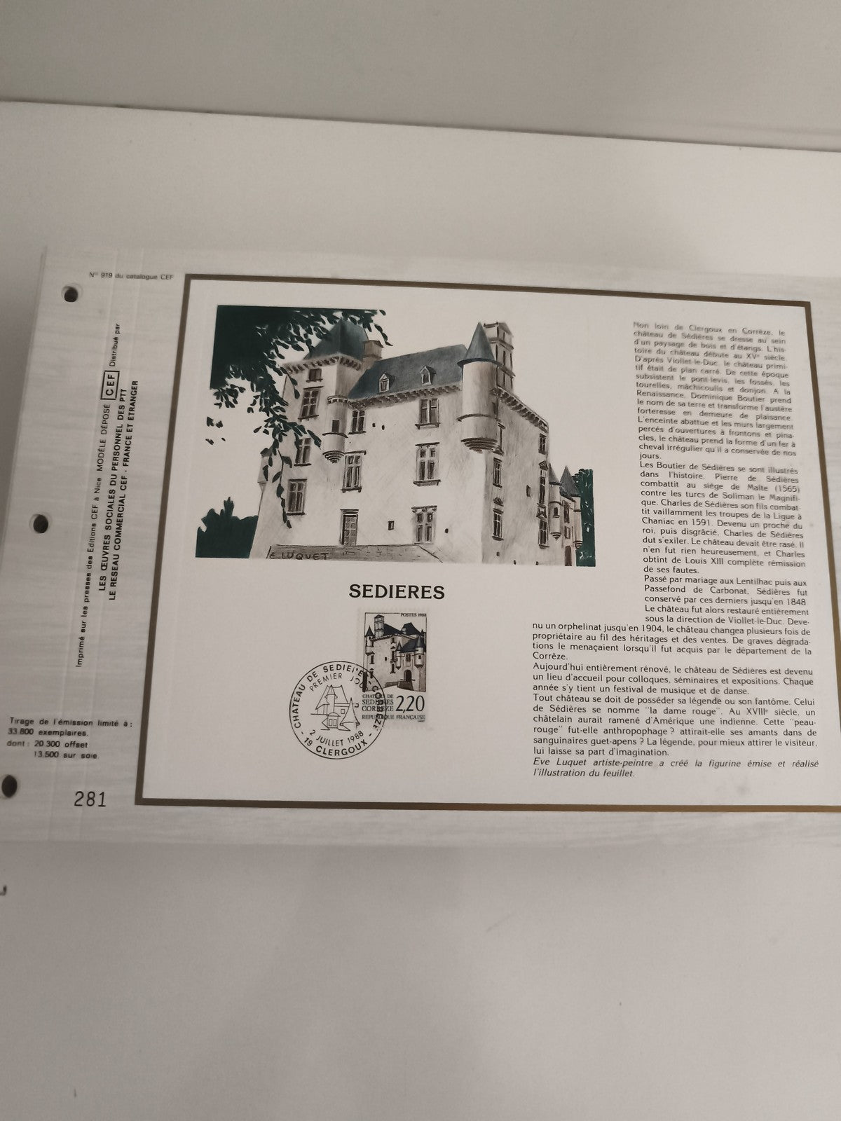 Feuillet philatélique CEF SEDIÈRES timbre 2,20F Château Corrèze oblitéré