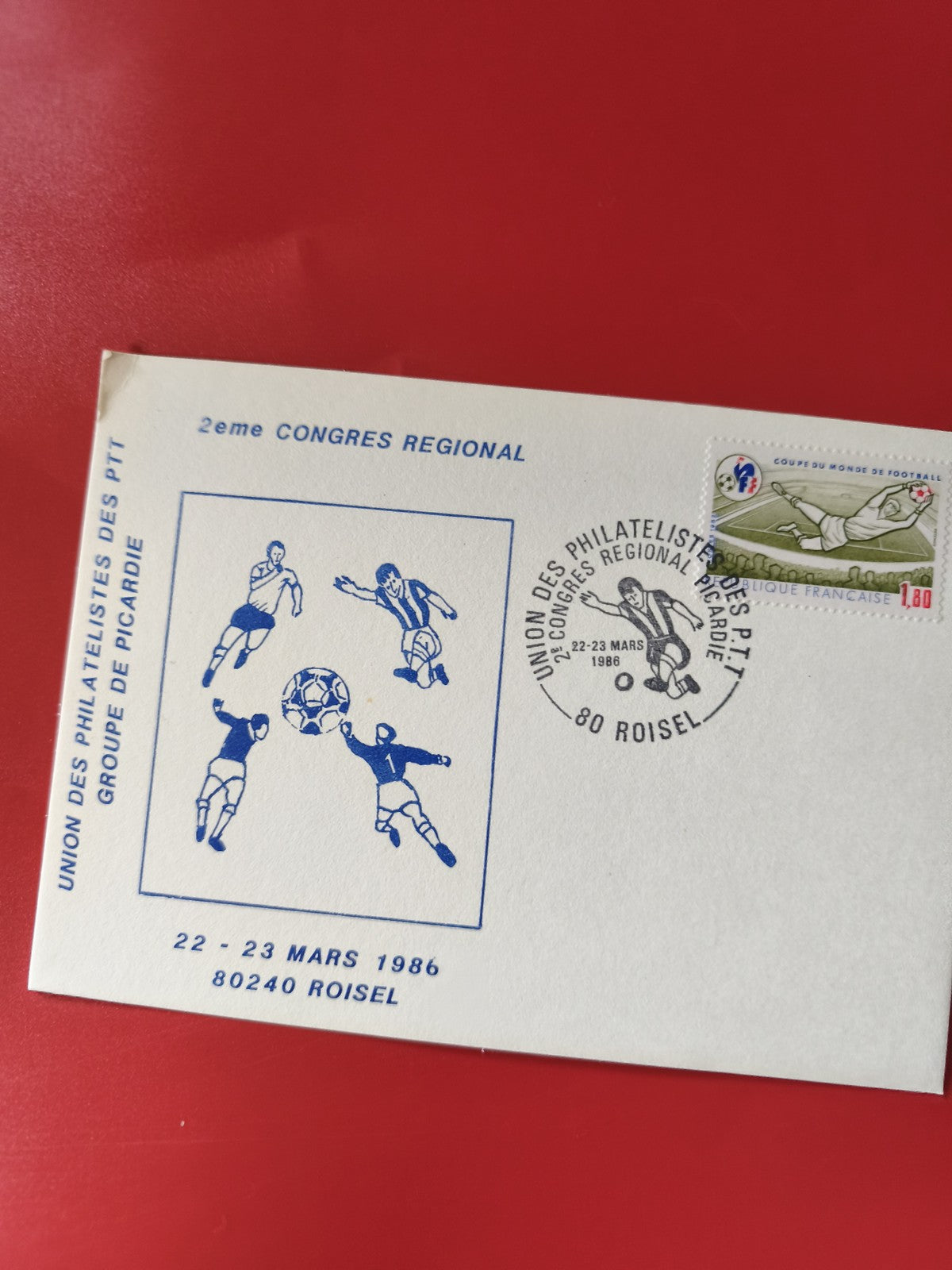 Carte postale philatélie football 2e congrès régional Roisel 1986 timbre sport