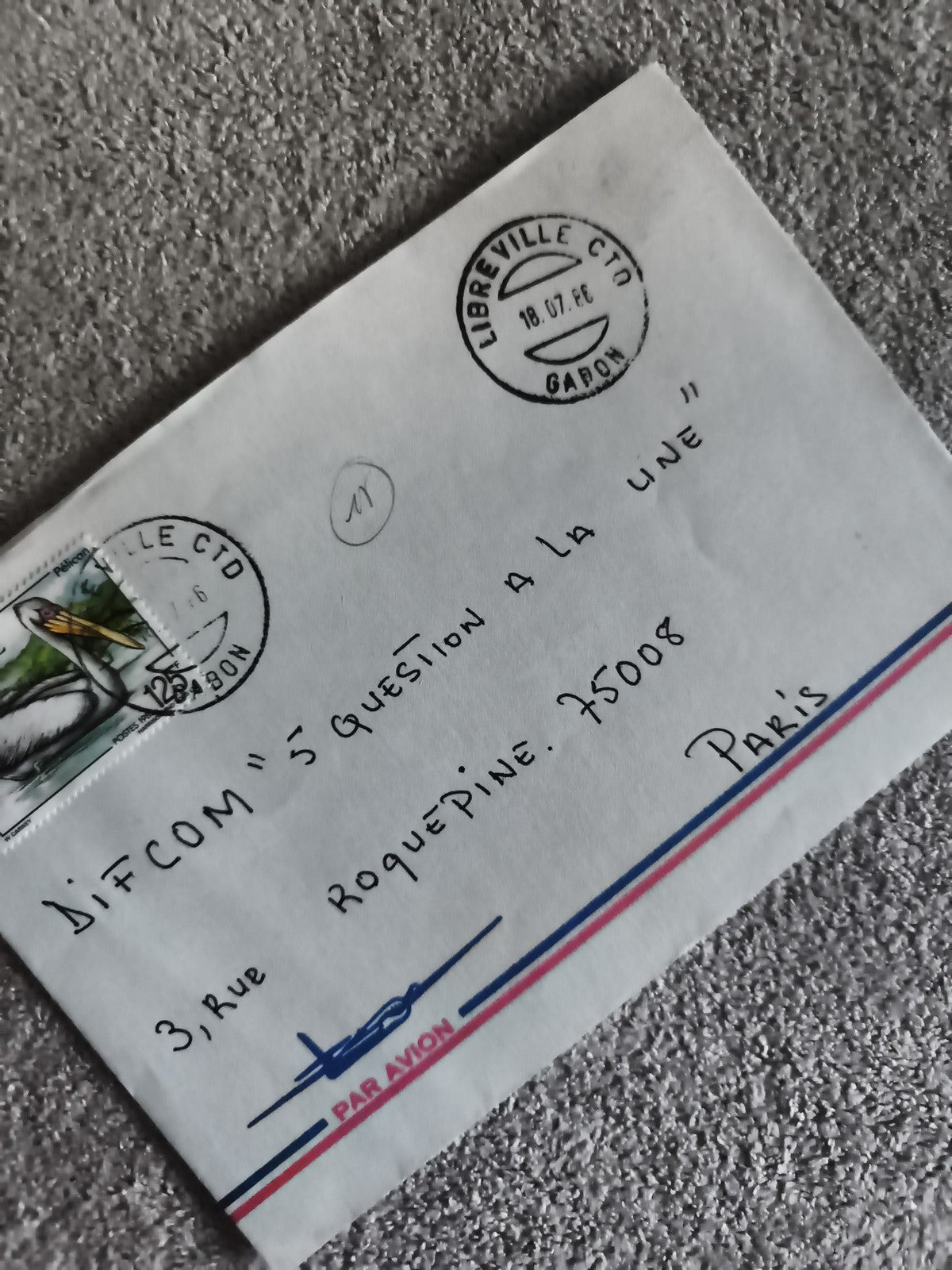 Lettre affranchie Gabon 1987 Libreville CTO timbre oiseau Par Avion philatélie