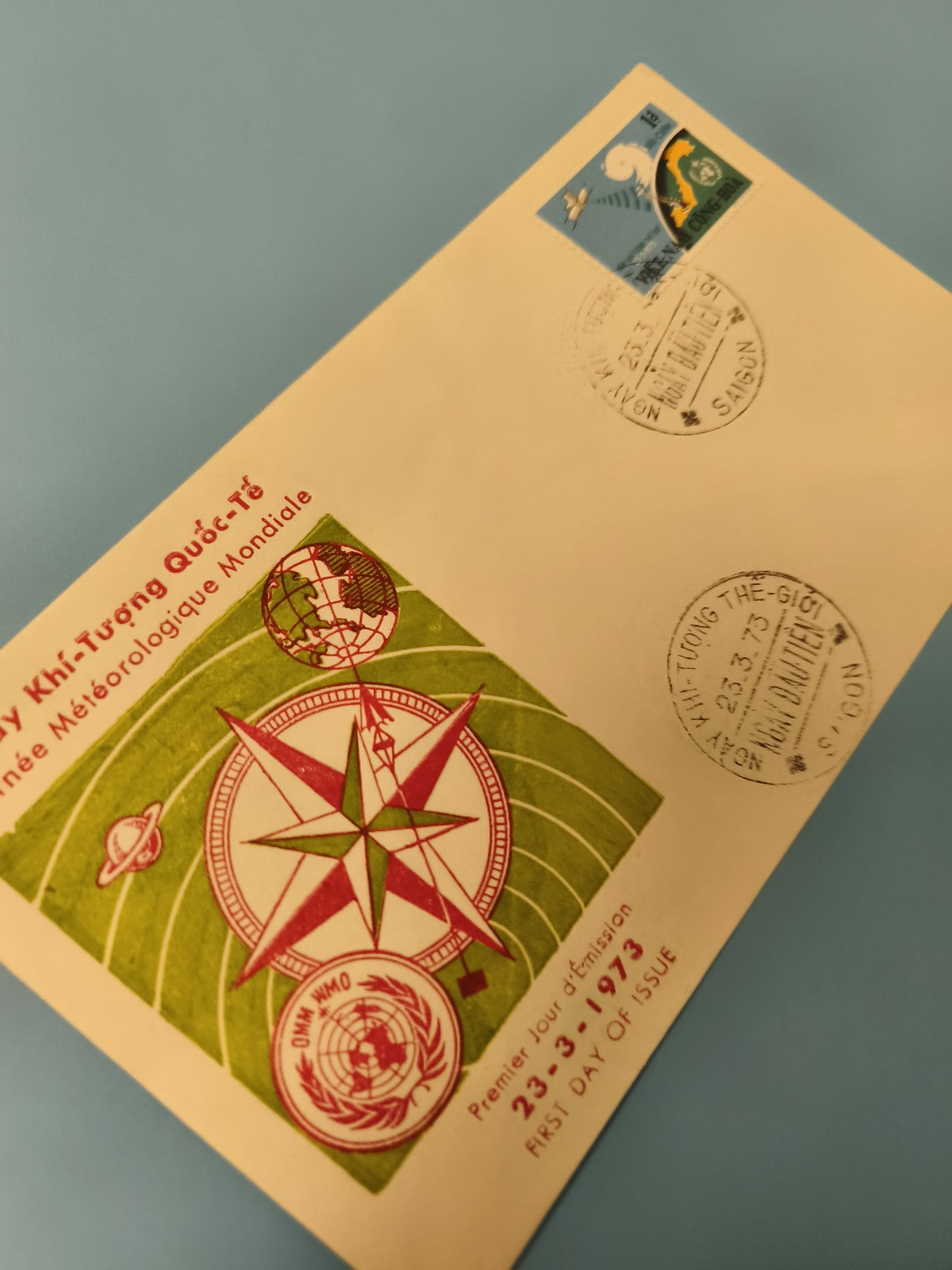 Ancienne enveloppe FDC Vietnam 1973 Année Météorologique, timbres et cachets
