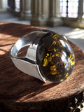 Bague vintage cabochon ambre vert, monture argentée, taille 55, rétro