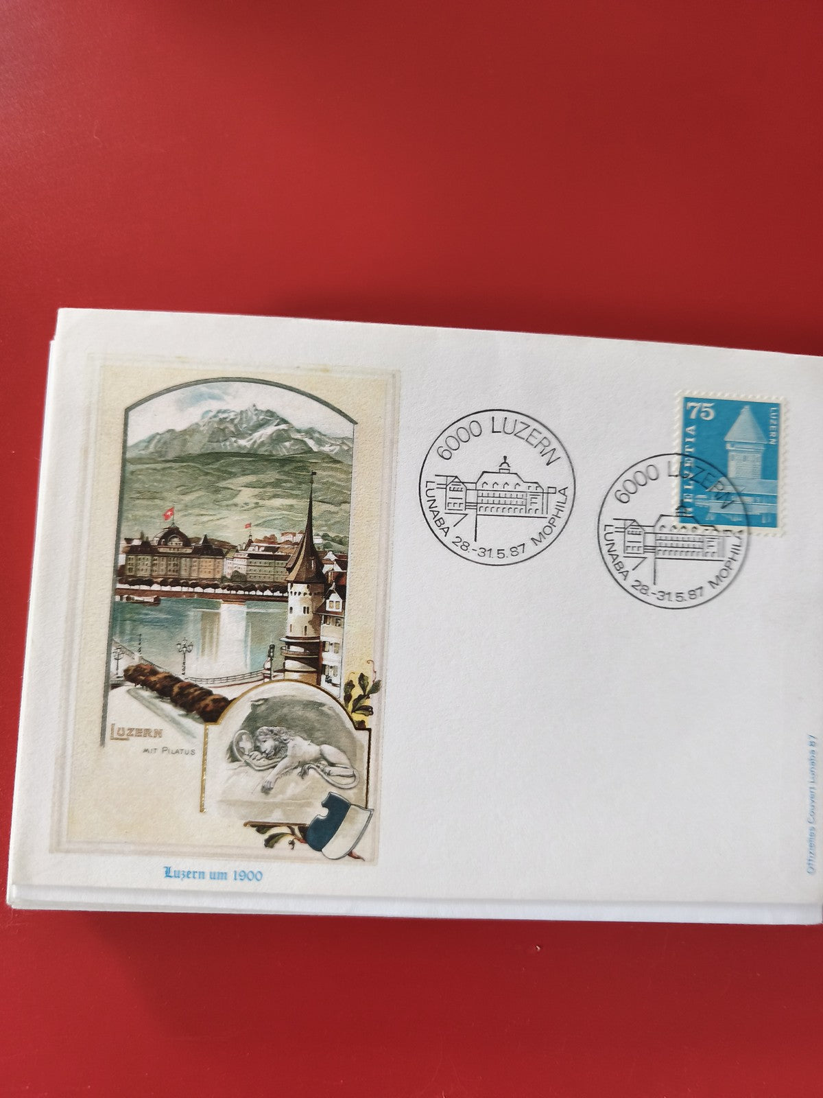 Enveloppe philatélie Suisse Luzern, illustration paysage, timbre 75, oblitérée
