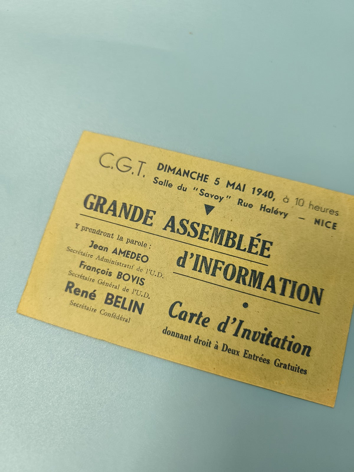 Carte ancienne invitation CGT 1940 Grande Assemblée Nice Savoy syndicat papier