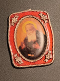 Médaille ancienne religieuse cadre rouge émaillé saint halo floral