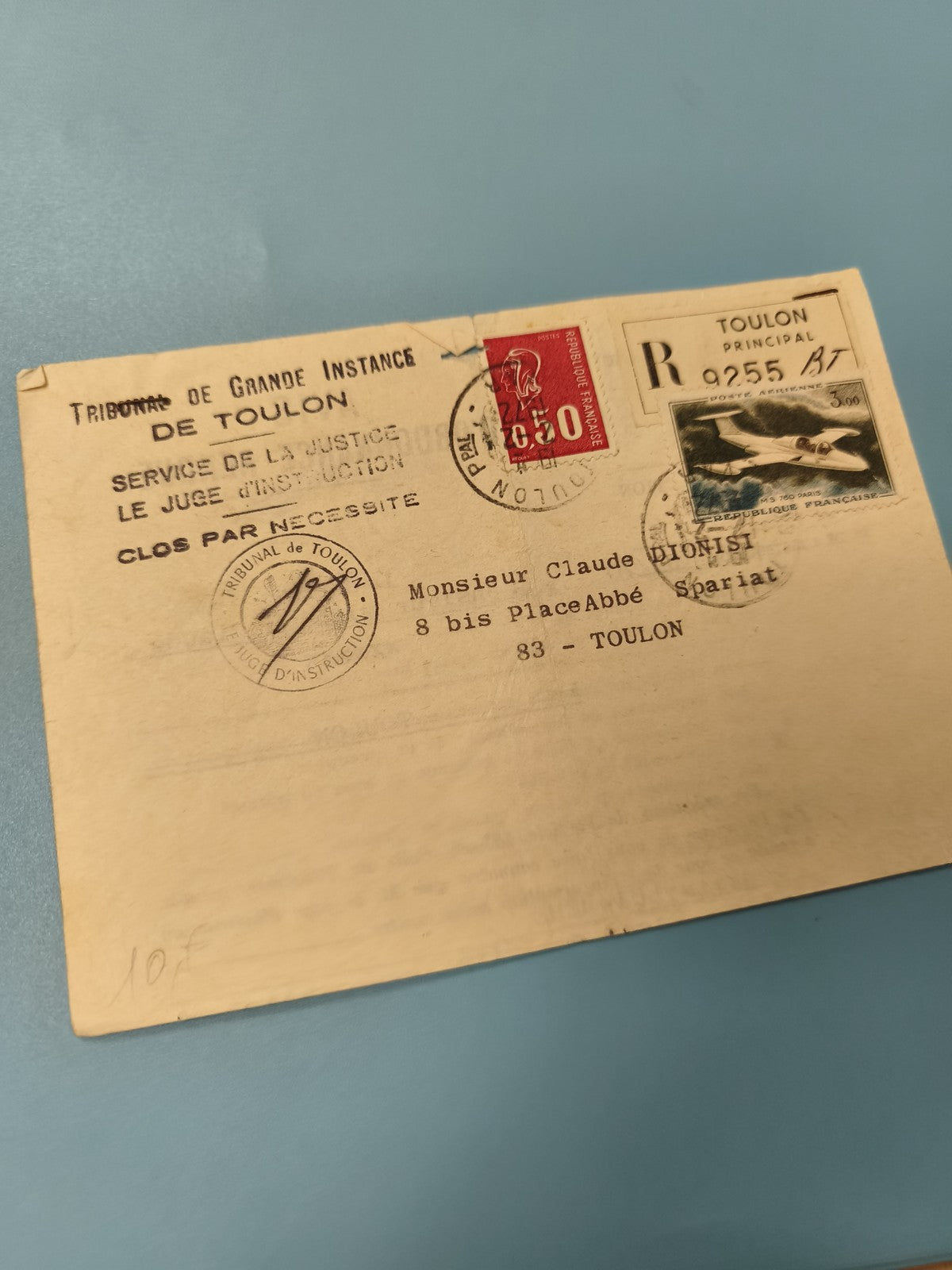 Ancienne enveloppe oblitérée Toulon timbres avion justice philatélie collection