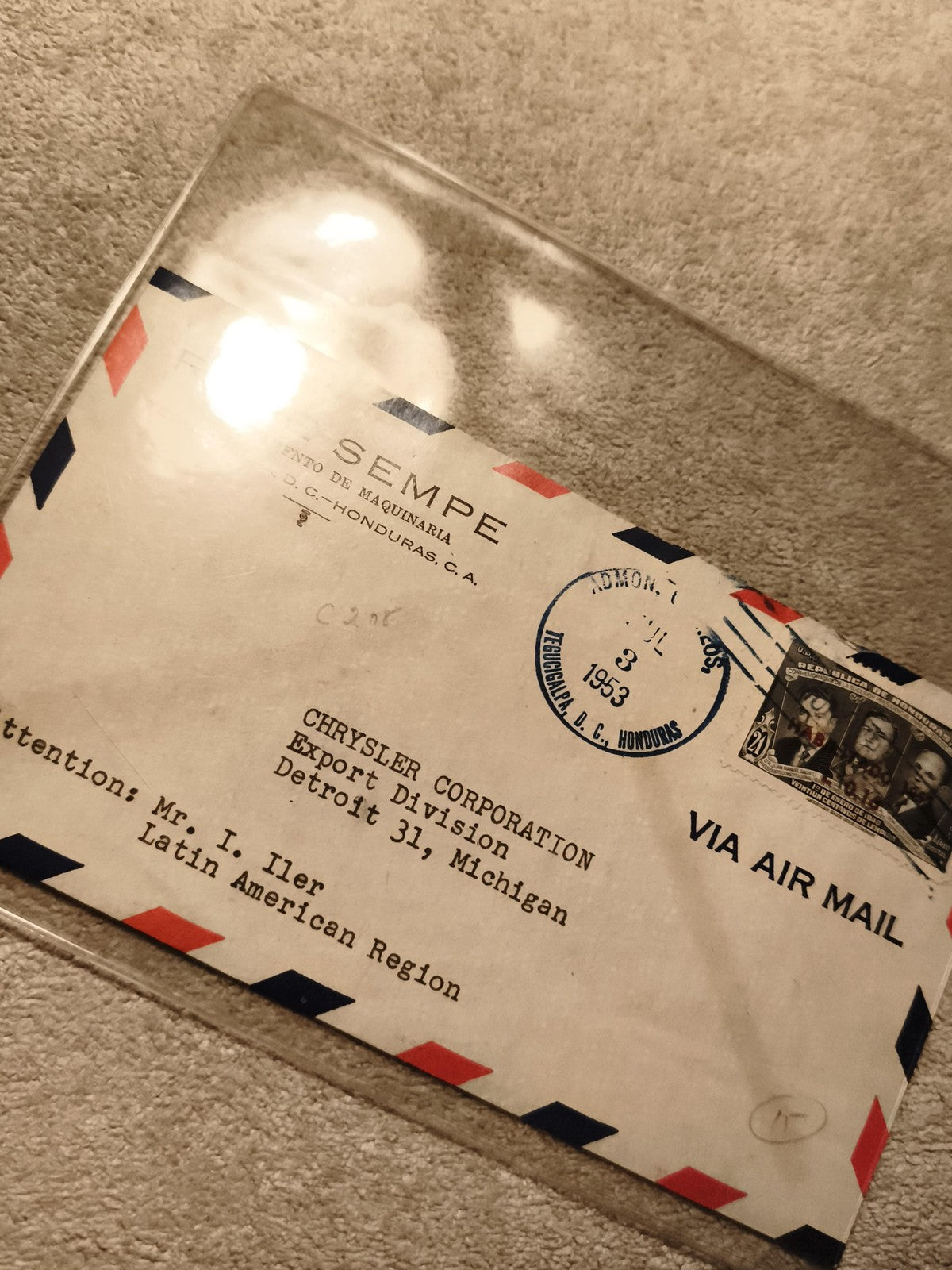 Lettre aérienne Honduras 1953 Chrysler timbre philatélie enveloppe Air Mail (Ref
