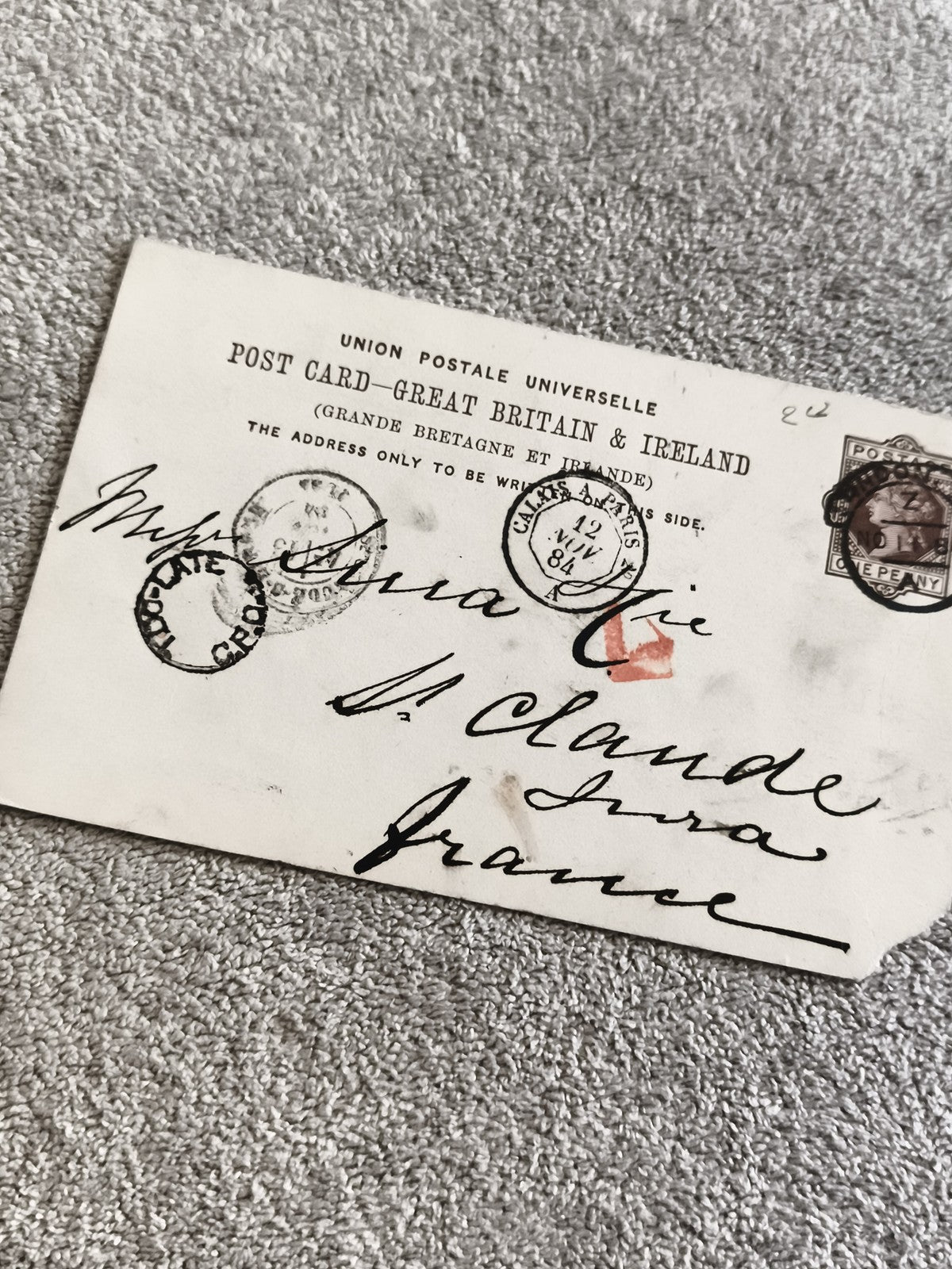 Carte postale ancienne GB France 1884 oblitération Calais Philatélie
