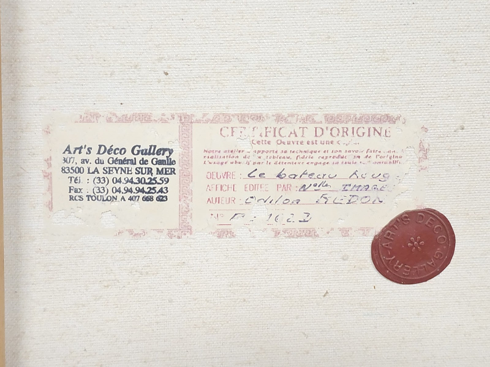 Ancien tableau vintage "Le bateau rouge" reproduction atelier Odilon Redon certi