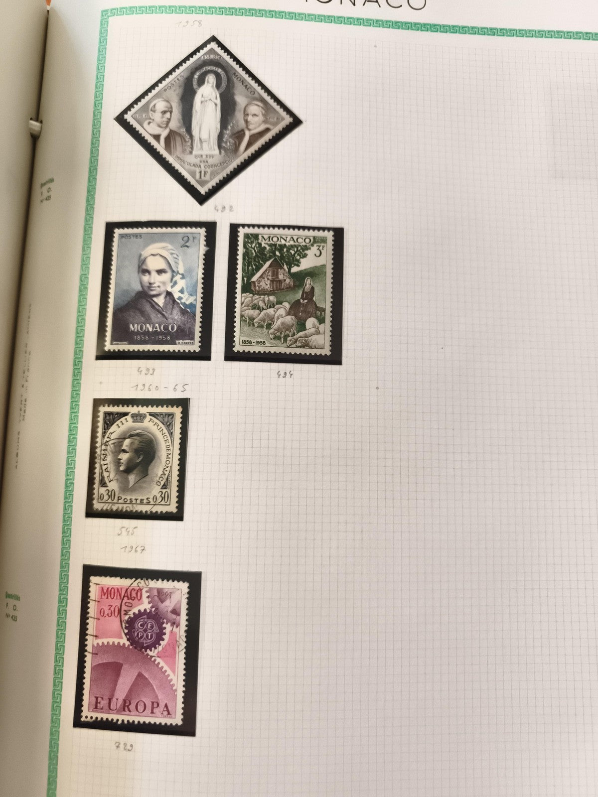 Timbres Monaco anciens x5, thématiques religieuses, Europa, personnages