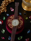 Montre femme Yema Paris vintage quartz, cadran blanc, bracelet marron rétro