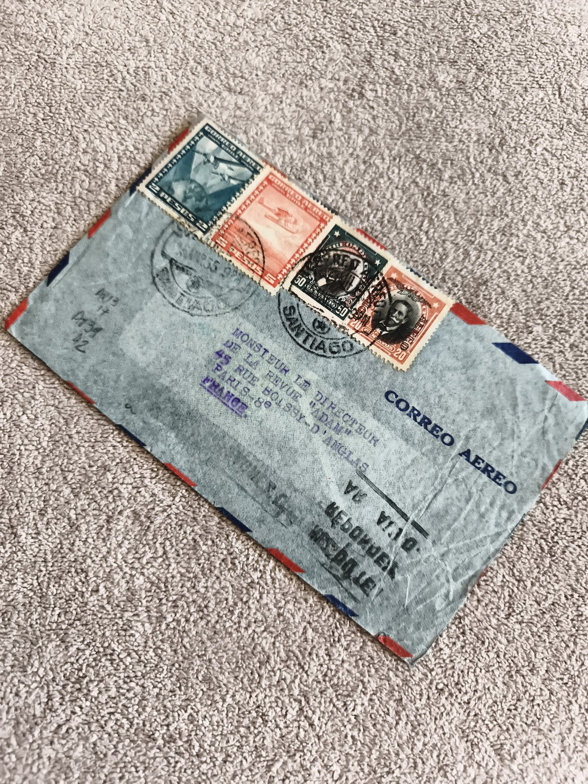 Lettre avion affranchie timbres Chili CORREO AEREO oblitérée philatélie