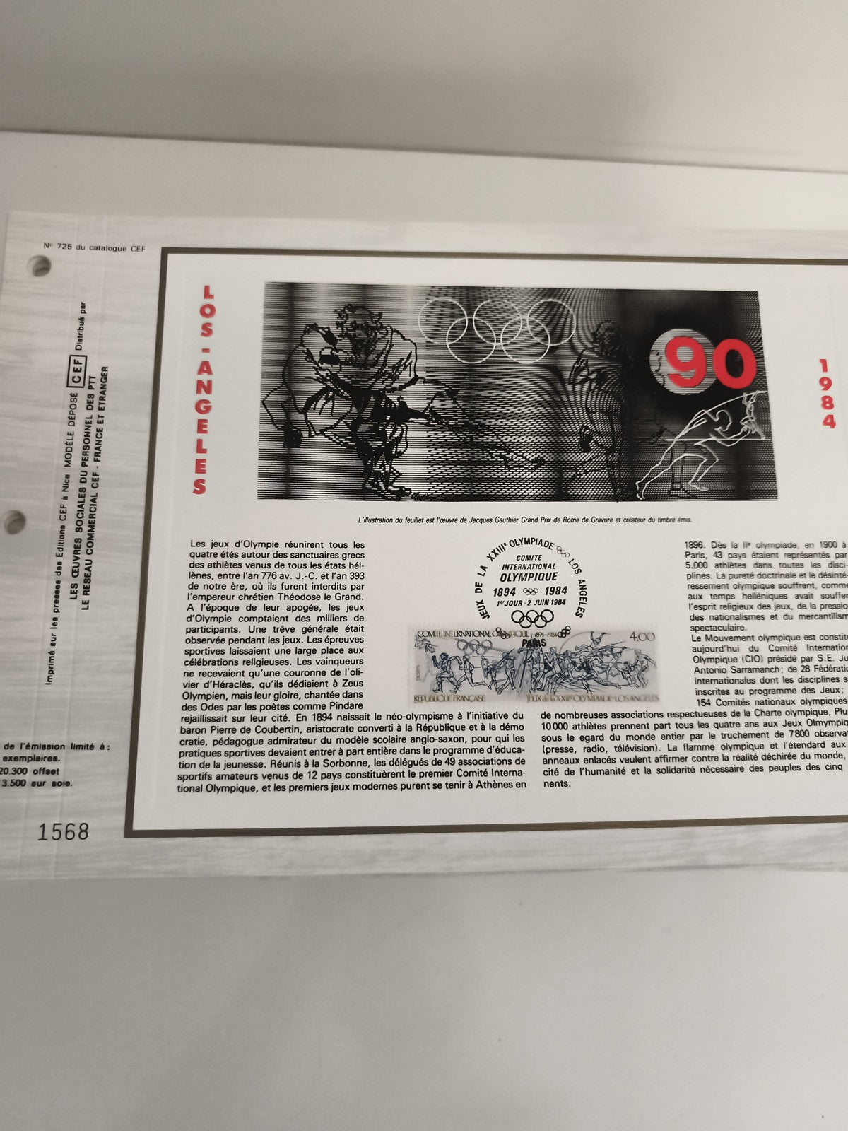 Feuillet CEF philatélie Los Angeles 1984 Jeux Olympiques n°725 cachet FDC