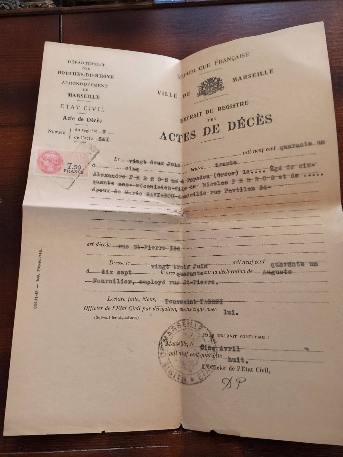 Acte de décès ancien Marseille 1941 document d’état civil vintage timbre fiscal