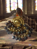 Boucle d’oreille vintage 1970 dorée perles noires, clip ancien pièce unique