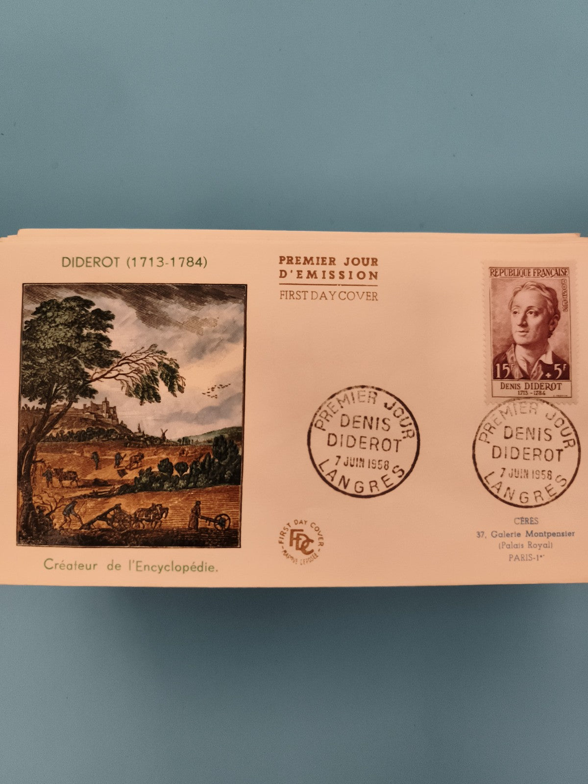 Lettre Premier Jour Diderot 1958, FDC timbre 15F, enveloppe philatélie France