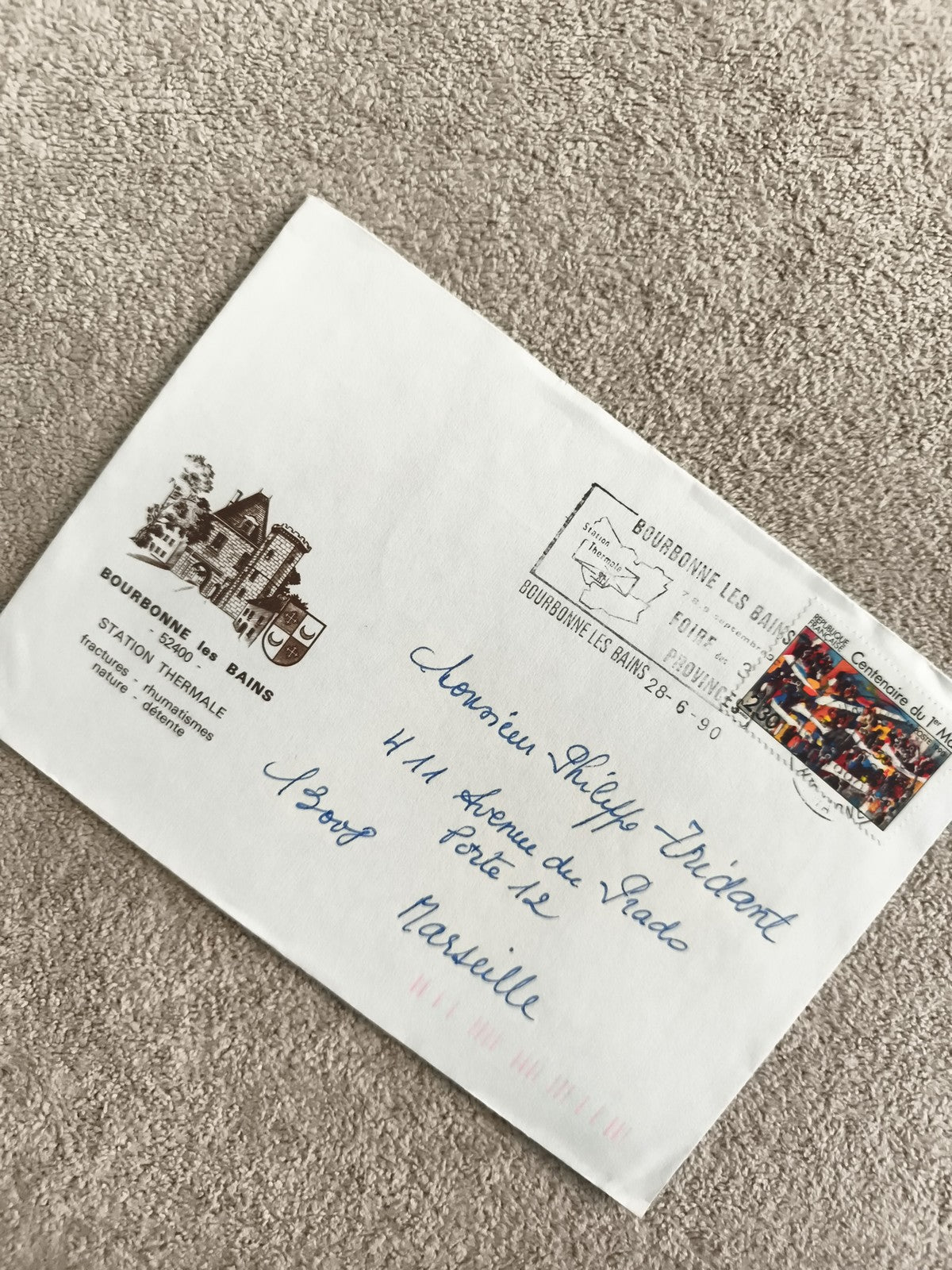 Lettre oblitérée Bourbonne-les-Bains 1990, timbre Centenaire du Mail Art