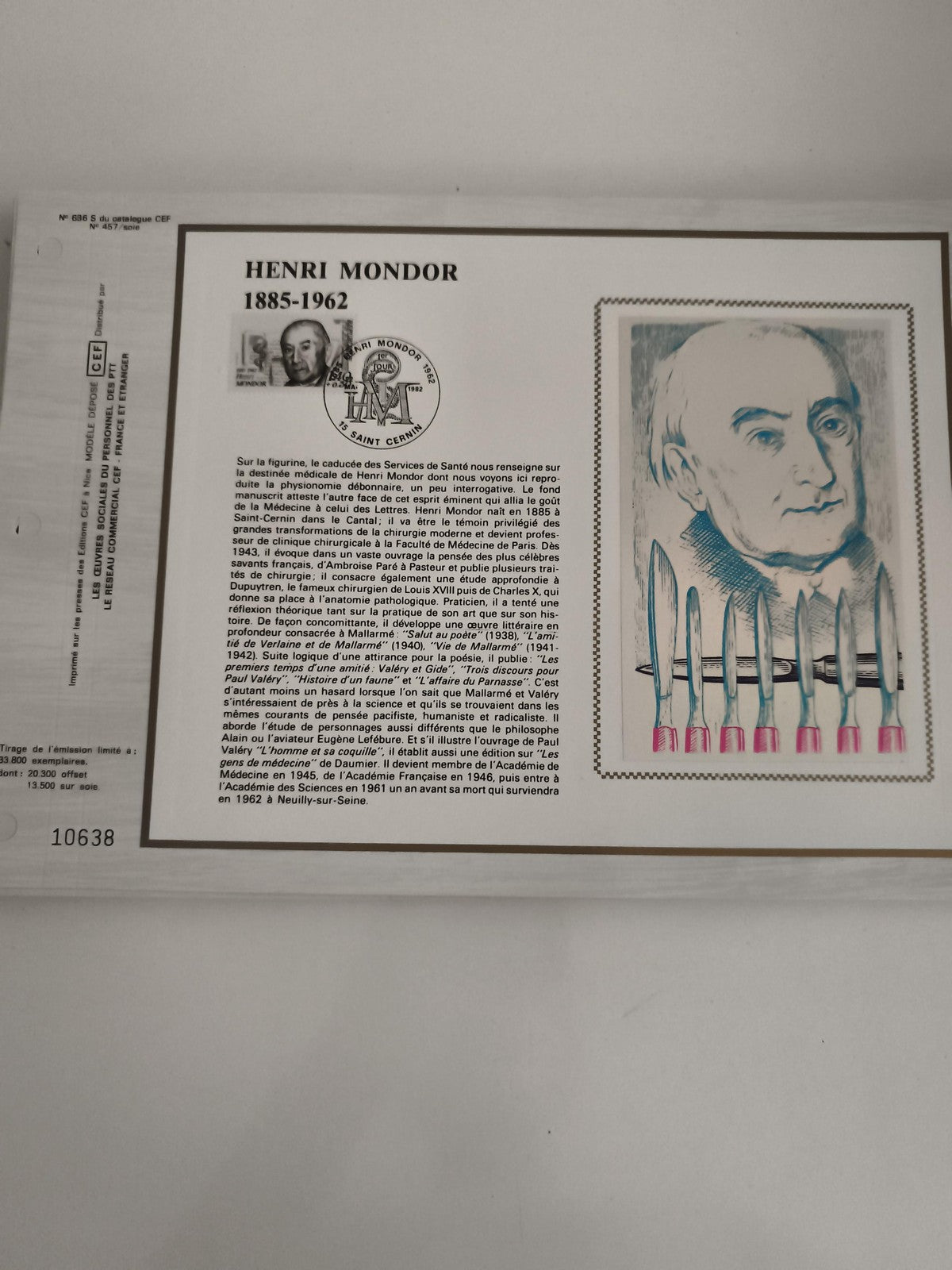 Feuillet CEF Henri Mondor 1988 philatélie timbre illustré oblitération FDC