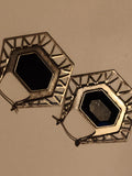 Boucles d’oreilles vintage hexagonales ajourées, finition argentée, noir, rétro
