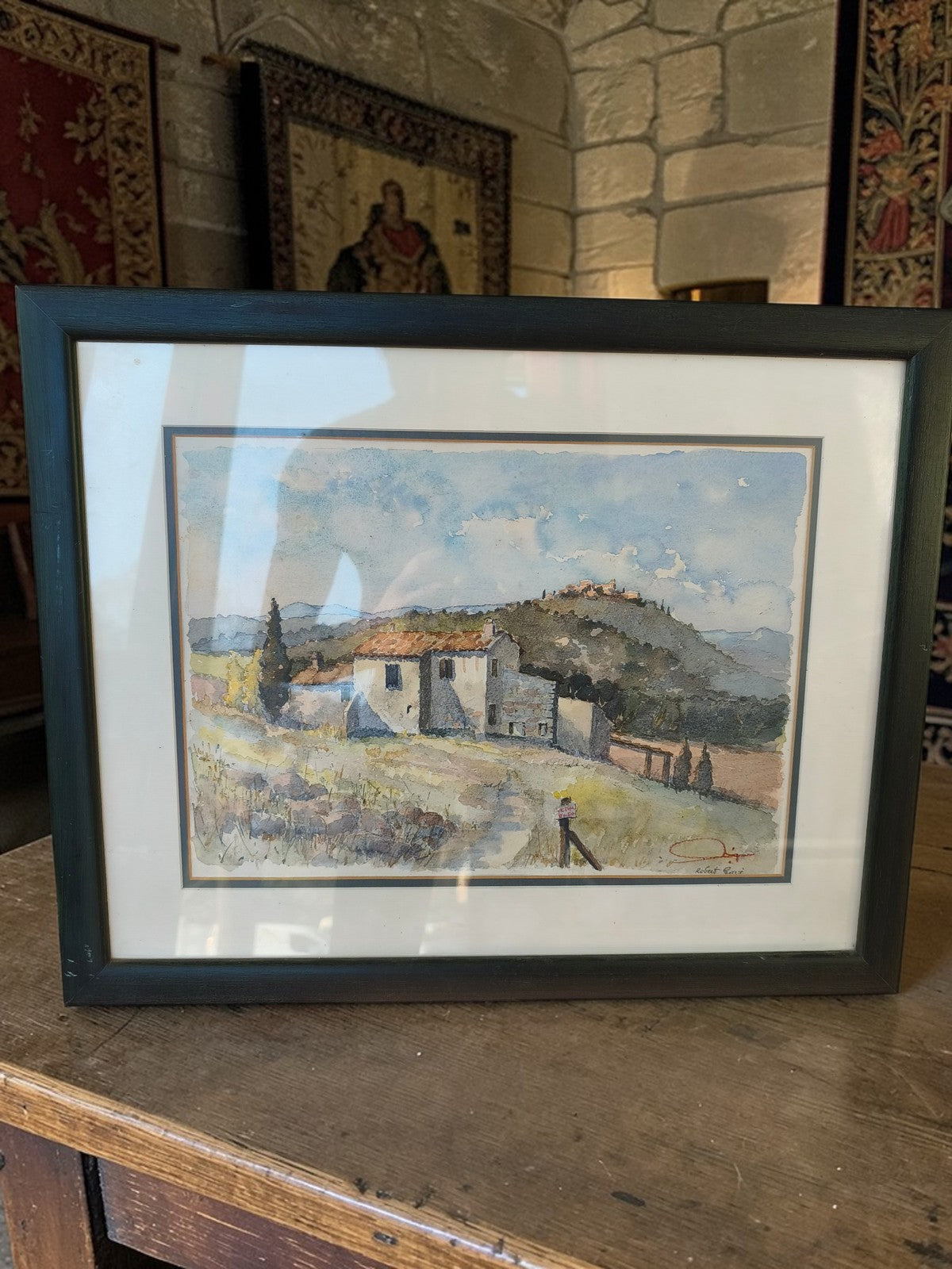 Aquarelle ancienne signée Robert Govi paysage provençal vintage grande peinture